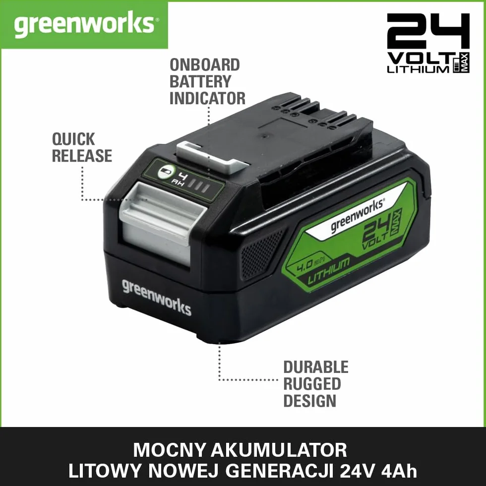 Greenworks Akumulator 24V 4Ah - Mocny Akumulator do Wszystkich Narzędzi Ogrodowych 24V, Akumulator Litowo-Jonowy, Szybkie Ładowanie, 3-Stopniowy Poziom Naładowania LED, G24B4