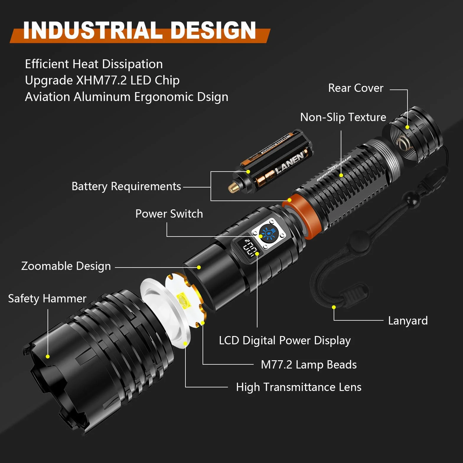 Shadowhawk Latarka LED do ładowania, bardzo jasna, 500000 lumenów, zasilana bateriami, USB, XHM77.2, latarka taktyczna, mocna, wodoszczelna, do użytku na zewnątrz, w sytuacjach awaryjnych, na kemping