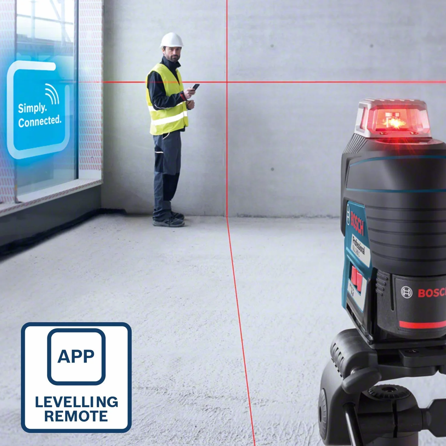 Bosch Professional Laser liniowy GLL 3-80 C (czerwona wiązka, do pracy w pomieszczeniach, współpraca z aplikacją, zasięg pracy: 30 m, 4 baterie AA)