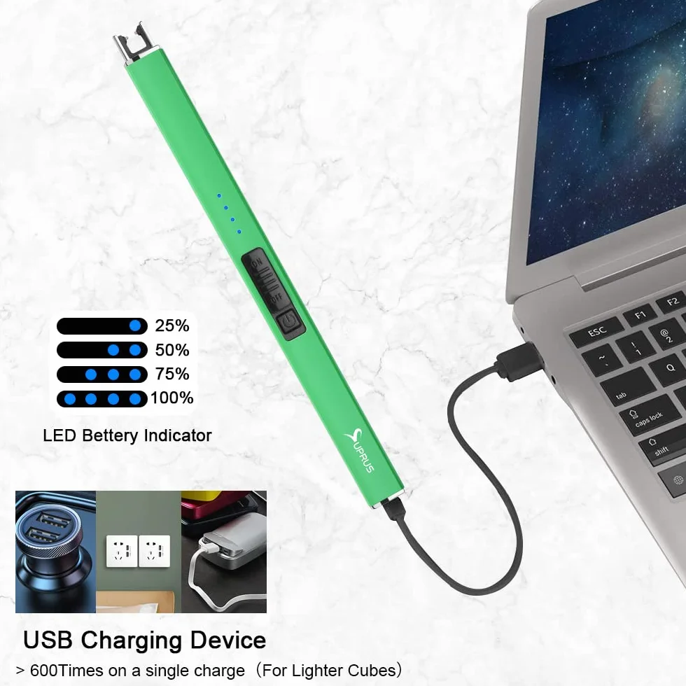 Suprus Zapalniczka świecąca w ciemności, elektryczna zapalniczka do świec, zapalniczka łukowa USB z blokadą zabezpieczającą, wiatroodporna, bezpłomieniowa (zielona)
