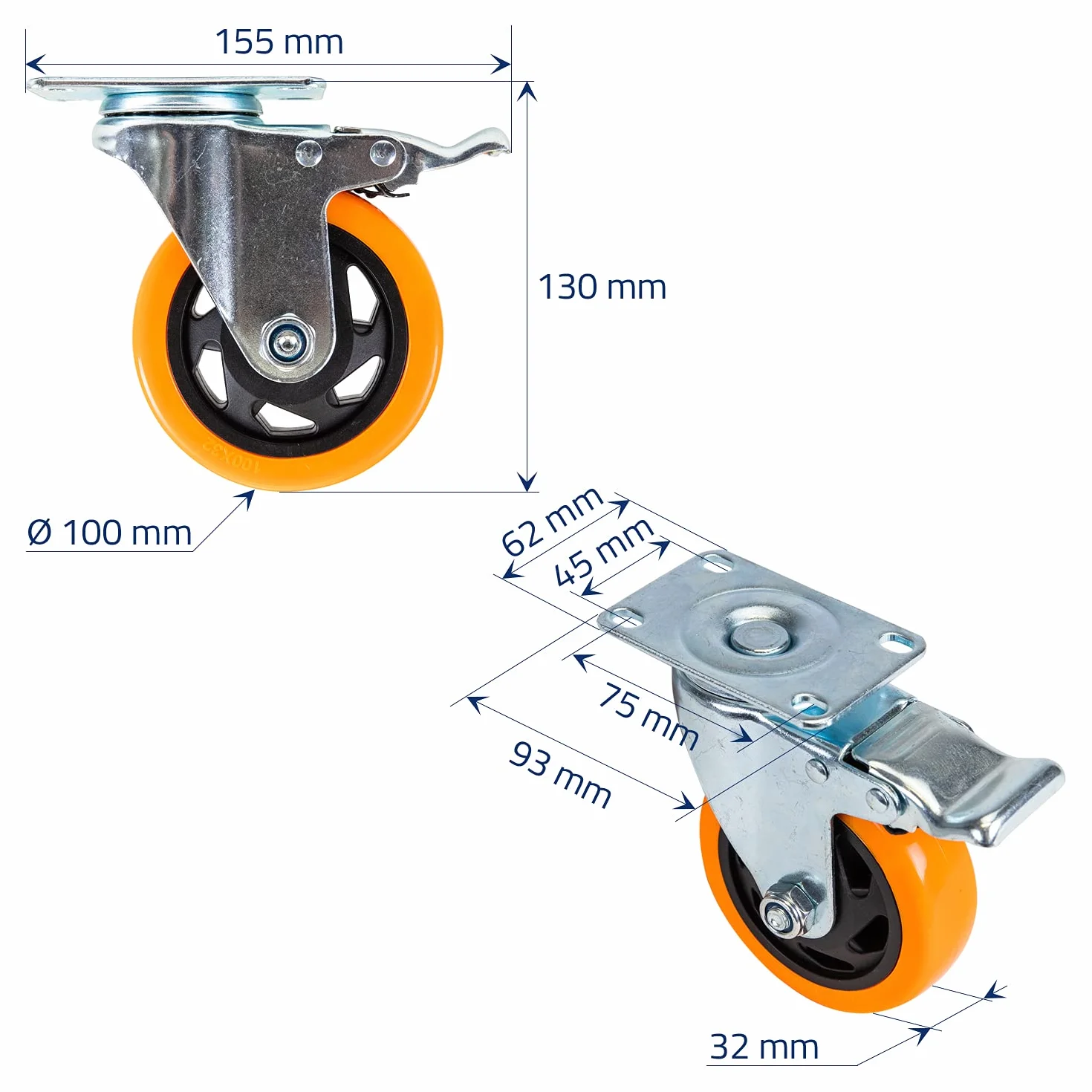 HMF 6710 kółka do dużych obciążeń z hamulcem z poliuretanu, 4 sztuki, 100 mm, do 460 kg, pomarańczowe
