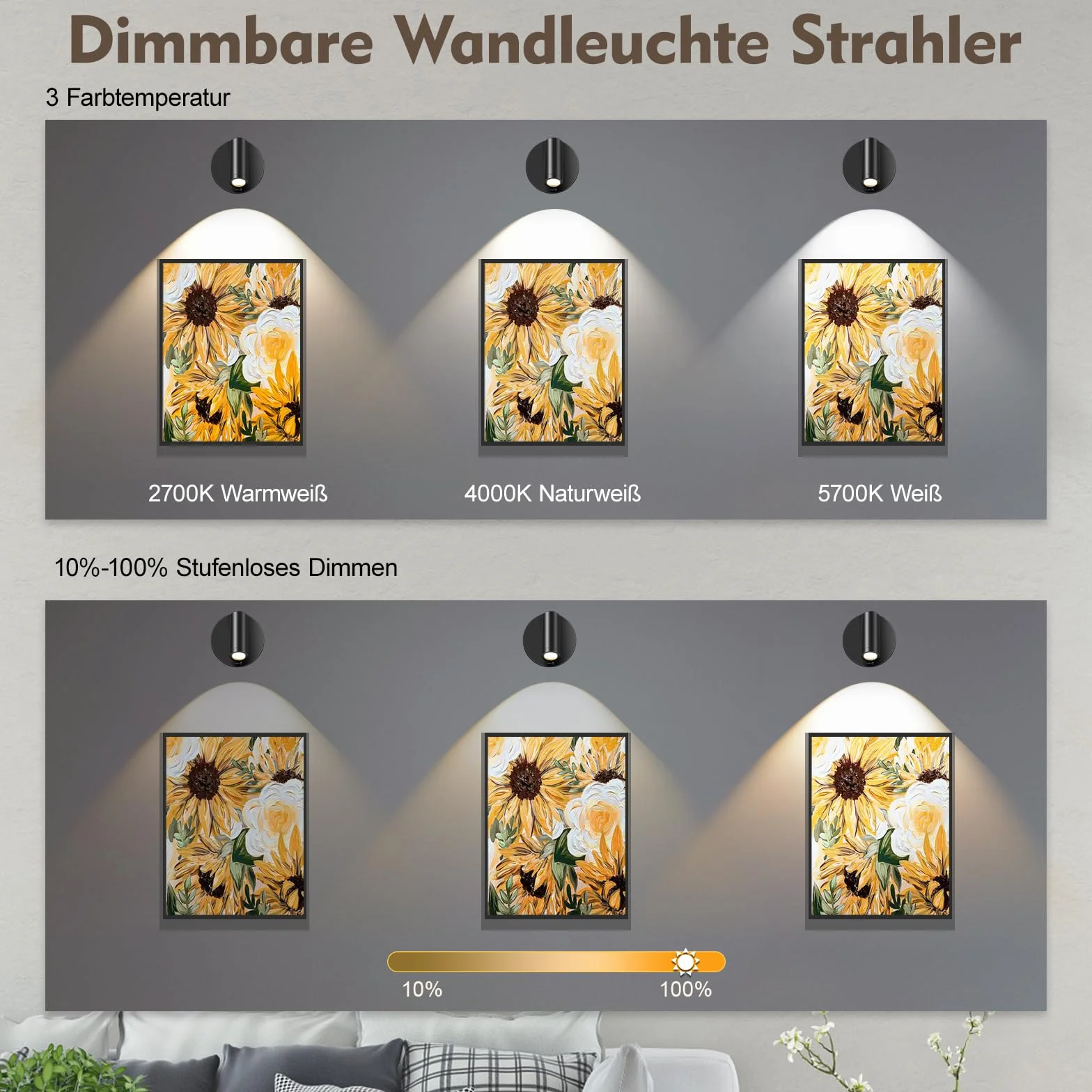 SMY Lighting Lampa ścienna LED do wnętrz, punktowa bezprzewodowa z akumulatorem, 3 temperatury barwowe, funkcja timera, dotykowa i pilot zdalnego sterowania, możliwość ściemniania, reflektor do