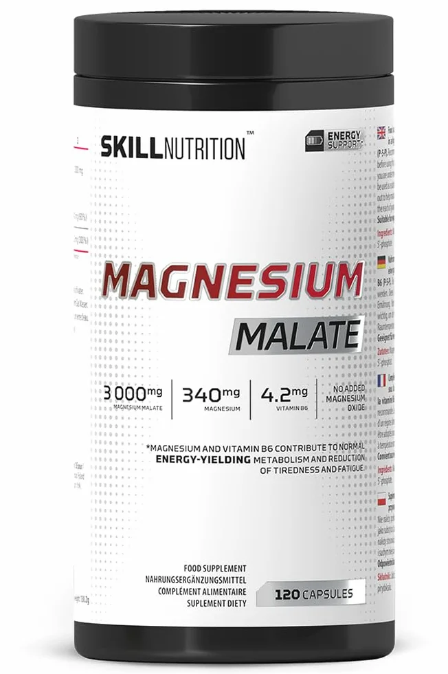 Skill Nutrition Magnesium Malate + Vitamin B6 120 kapsułek 340 mg magnezu 3000 mg jabłczanu magnezu B6 P-5-P