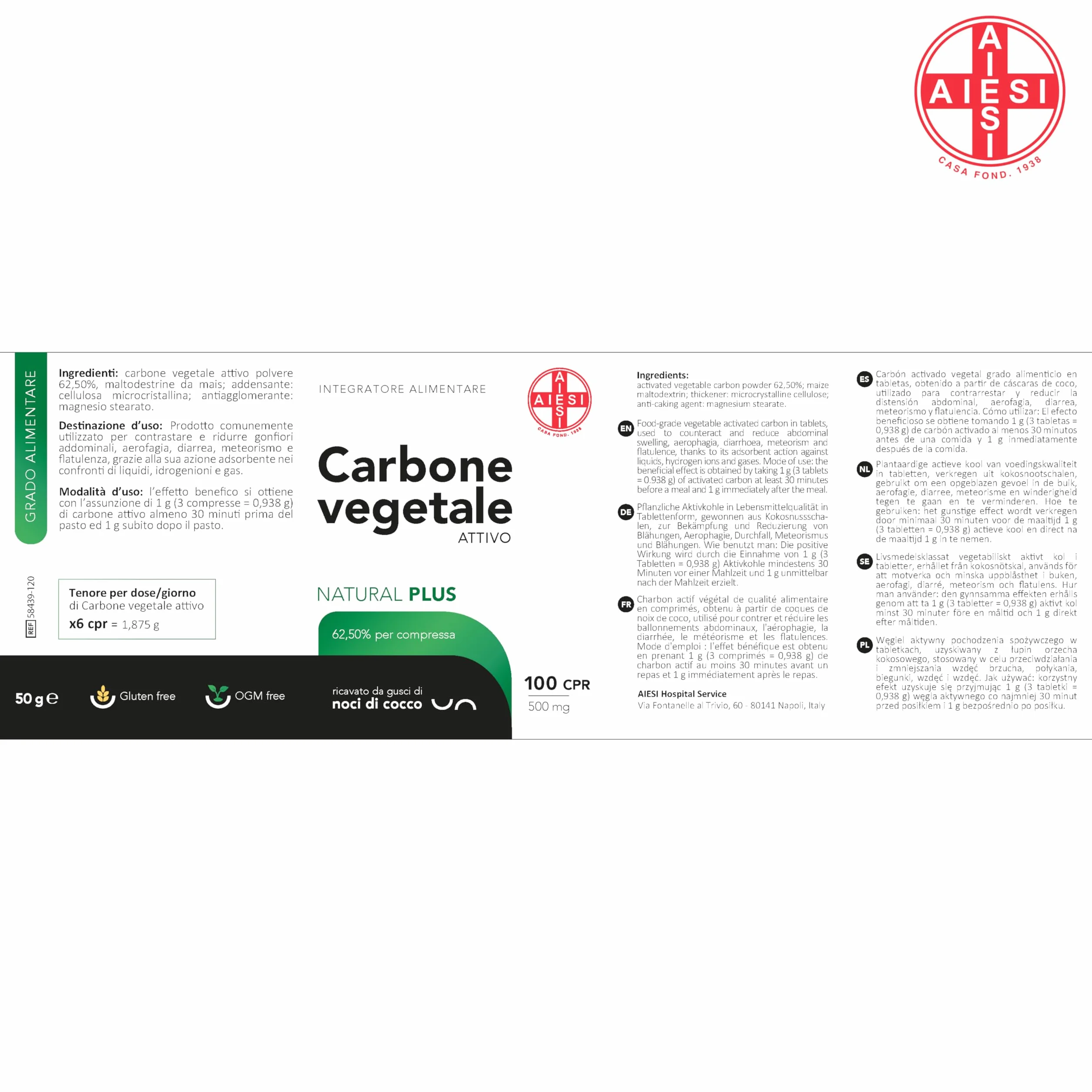 Węgiel Aktywny spożywczy w tabletkach 500 mg 100 sztuk Made in Italy