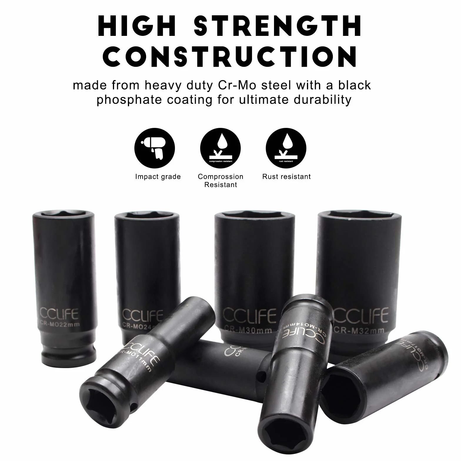 CCLIFE Zestaw nasadek udarowych, głębokie nasadki udarowe 1/2" sześciokątne metryczne 10-32 mm, 16 sztuk
