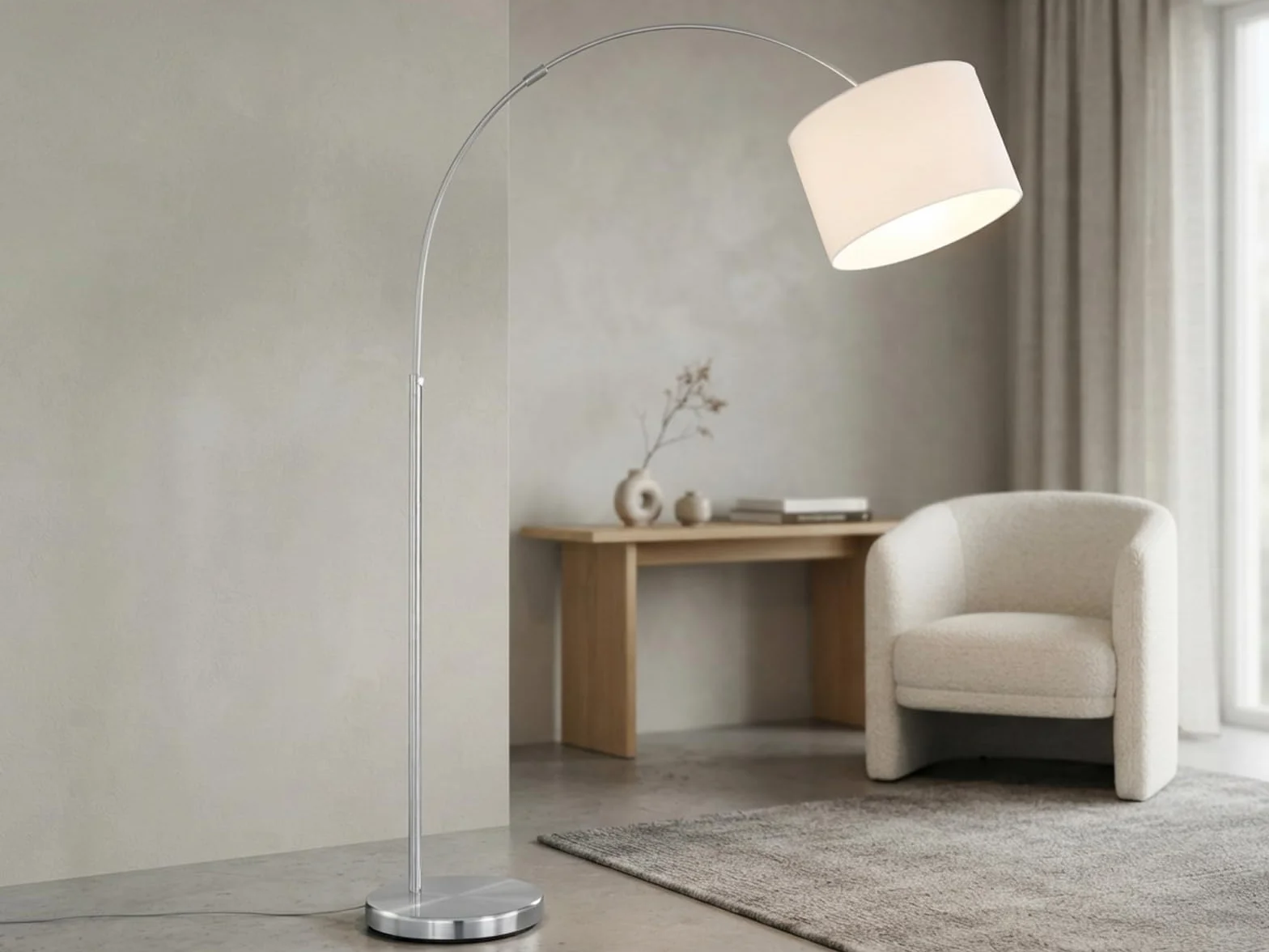 meineWunschleuchte Lampa łukowa z regulacją wysokości z abażurem z materiału w kolorze białym, maks. wysokość 215 cm