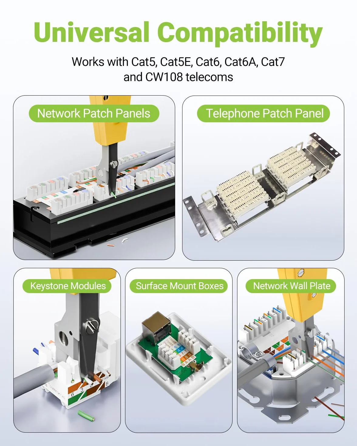 Narzędzie do dziurkowania, narzędzie Ethernet Punchdown Krone do gniazda RJ45 Cat5/Cat6/Ca6A kabel telefoniczny RJ11 profesjonalne narzędzia do wkładania zacisków z hakiem do ściągania izolacji