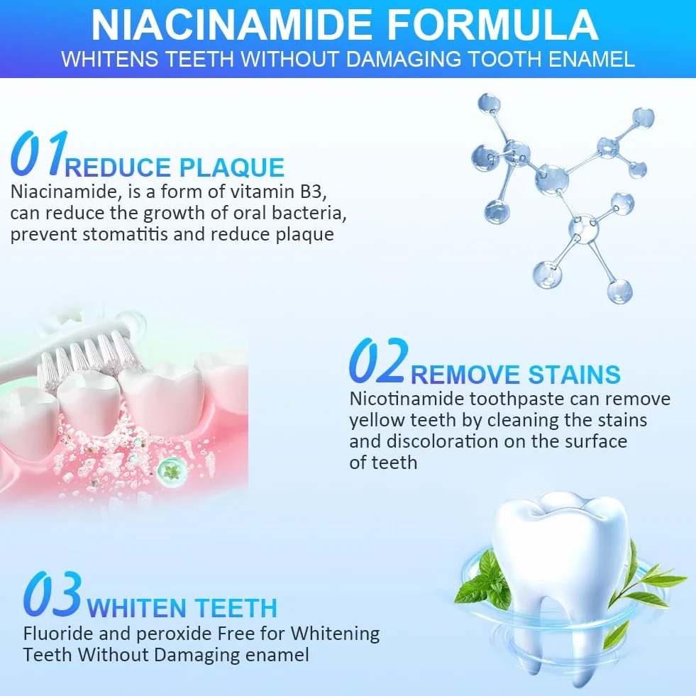 Niacynamid Wybielająca Pasta Do Zębów,100G Wybielająca Pasta Do Zębów Z Nikotynamidem,Niacynamid Wybielanie Toothpaste,Whitening Toothpaste bez fluorku do pielęgnacji dziąseł i świeżego oddechu