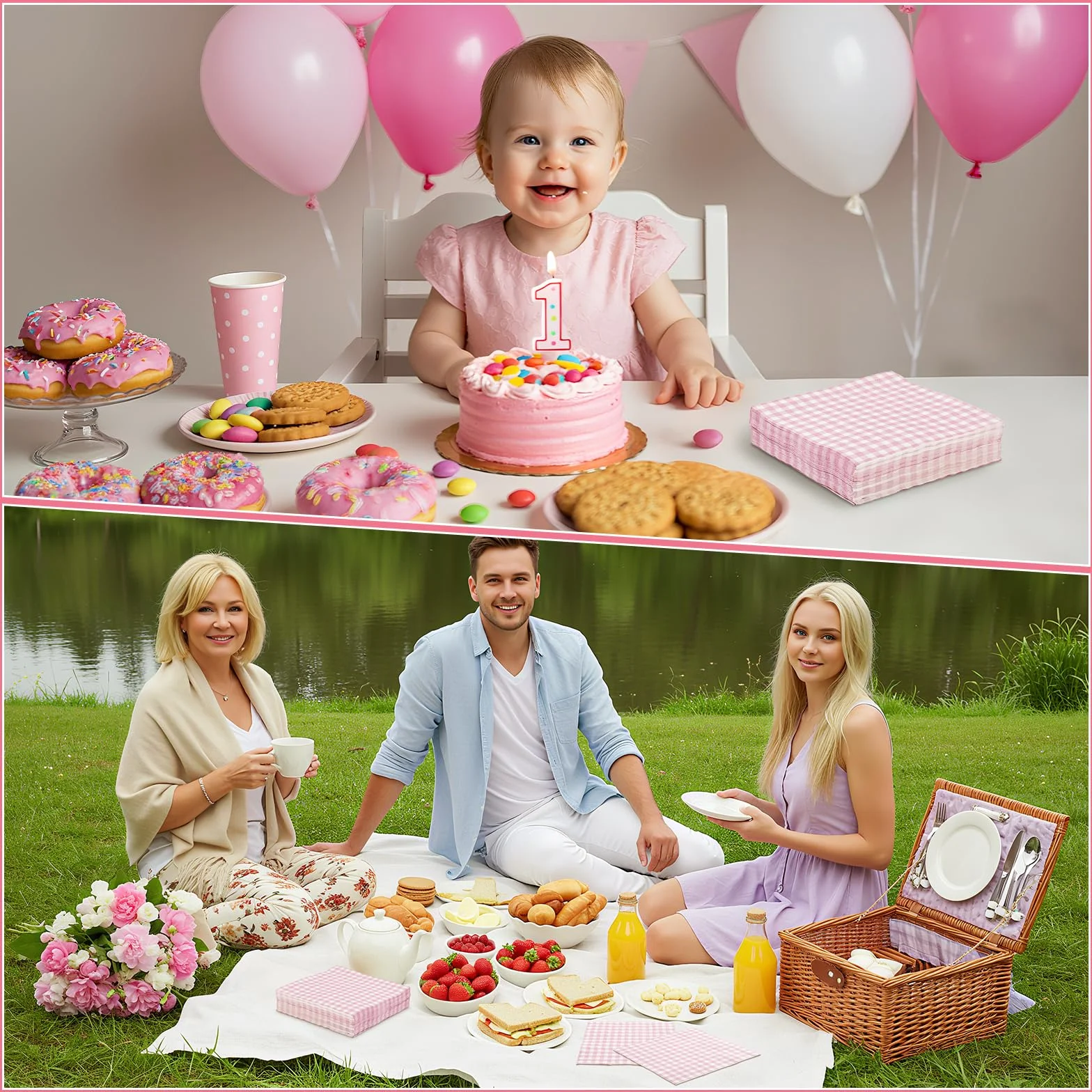 Różowe papierowe serwetki w kratkę, 16,5 cm, 2-warstwowe, różowe i białe papierowe serwetki jednorazowe na wesela, baby shower, pikniki i dekoracje świąteczne