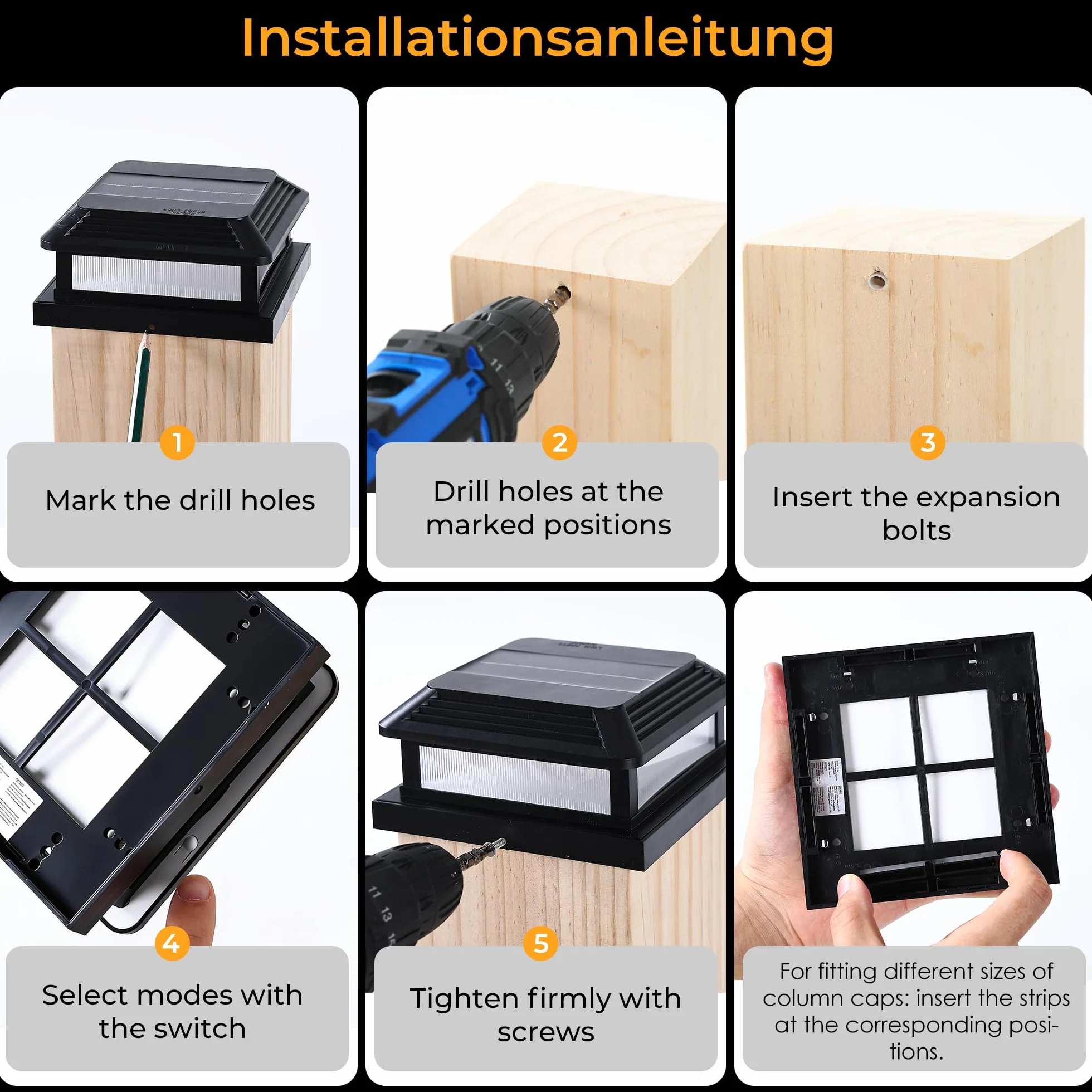 Quntis Zestaw 4 lamp solarnych na słupki ogrodzeniowe, lampy ogrodowe typu Flame z 5 trybami świecenia, lampy solarne na słupki o wymiarach – taras, patio, do ogrodu, podwórko, werandę i ścieżki