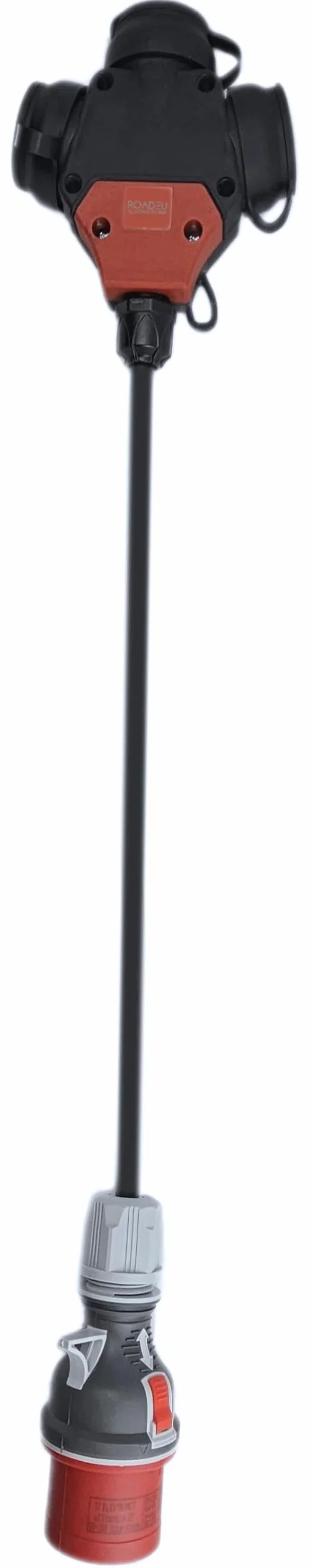 RoadEu Adapter przemysłowy przedłużający 0,5 m, adapter CEE 16A 380V do 220V z 3 gniazdami 230 V, przewód gumowy 5 x 2,5 mm², idealny do garażu, szopy lub fabryki