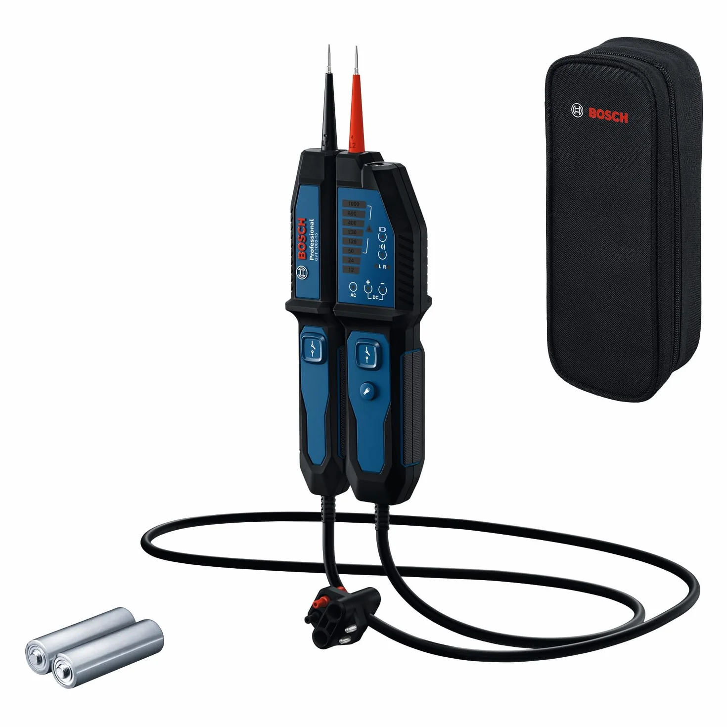 Bosch Professional Tester napięcia GVT 1000-15 (pomiarynapięcia do 1000 V AC/DC, wizualna informacja zwrotna LED, brzęczyk, alarmy wibracyjne, przewody o długości 125 cm, 2x1,5 V LR03 (AA))