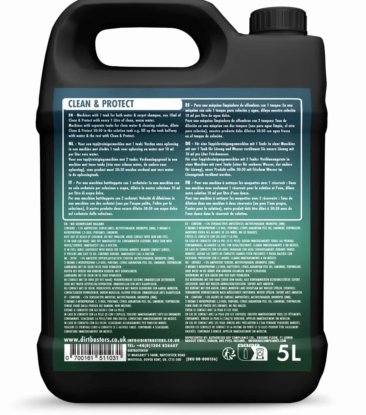 Dirtbusters Szampon do czyszczenia dywanów, środek czyszczący Clean & Protect z ochroną przed plamami i oczyszczeniem zapachów (5 l)