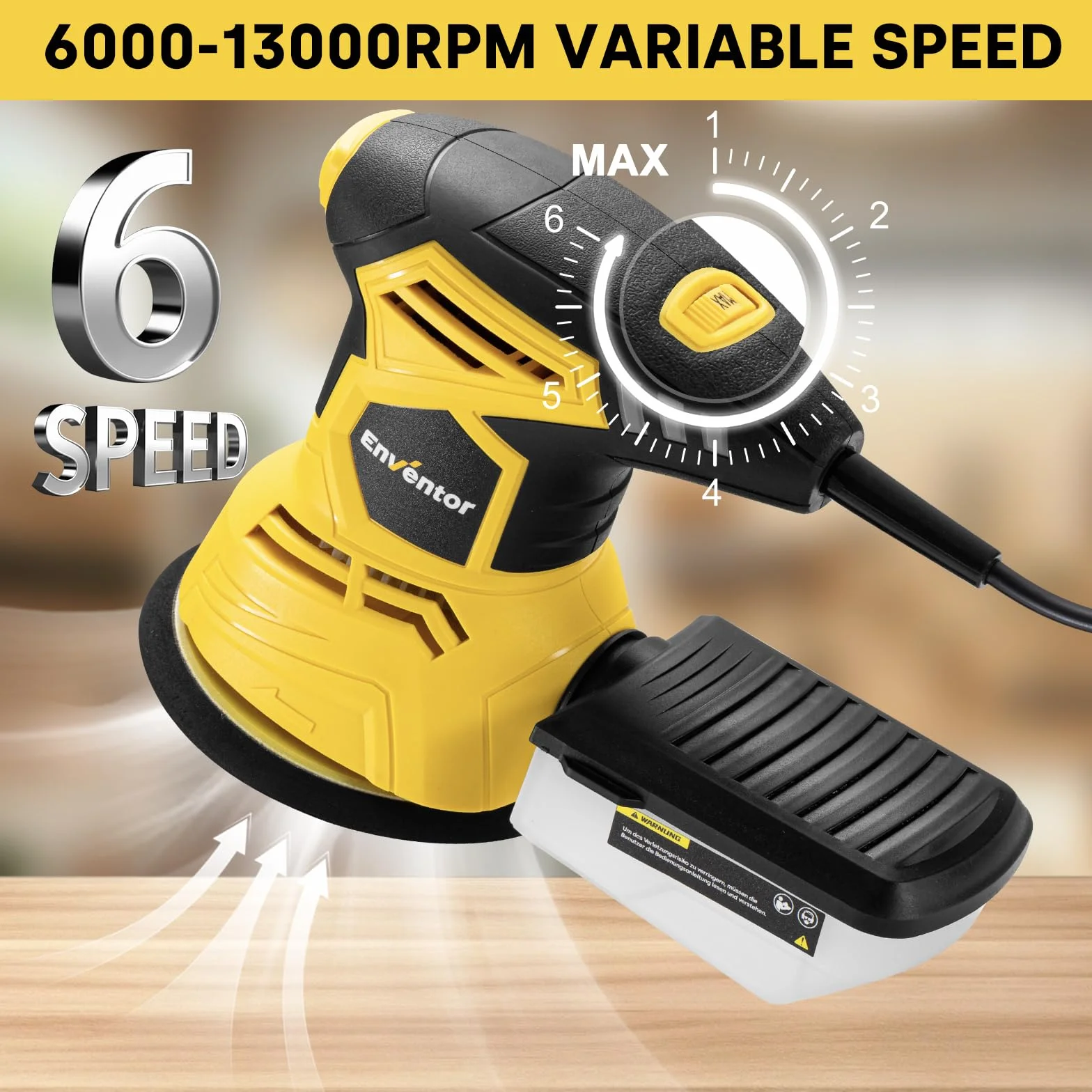 Enventor Szlifierka do drewna 300 W, elektryczna szlifierka oscylacyjna z 6 zmiennymi prędkościami, 6000-13000 obr./min, 125 mm, 16 sztuk (80, 120, 180, 240 grit), elektryczna szlifierka do drewna i