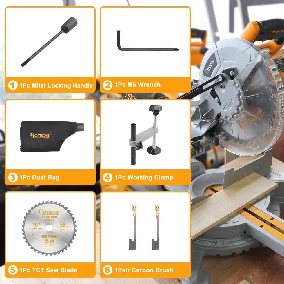 Hoteche Piła ukośna 255 mm z laserem, 2000 W, 220-240 V, 50/60 Hz, 5000 obr./min, do precyzyjnego cięcia 315 x 90 mm przy 0° 215 x 90 mm przy 45° 40T brzeszczot TCT wraz z akcesoriami, idealna do
