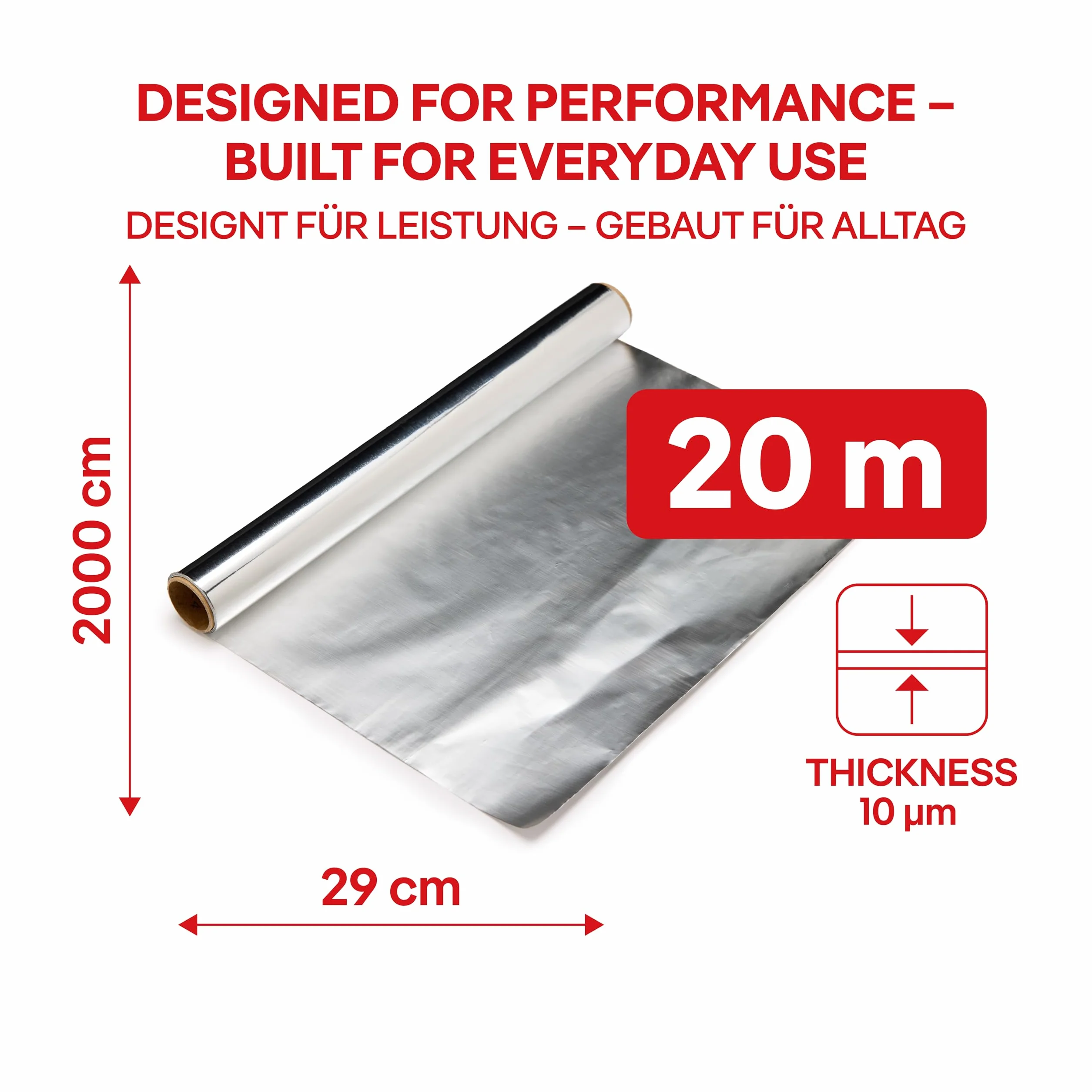 ALUFIX Folia aluminiowa do pieczenia Standard/ 1 rolka/ 29cm x 20m/ 10 μm/Srebrna/Odporna na rozdarcie/Odporna na ciepło i wilgoć/Stabilna wymiarowo/Nadaje się do recyklingu/Do kuchni