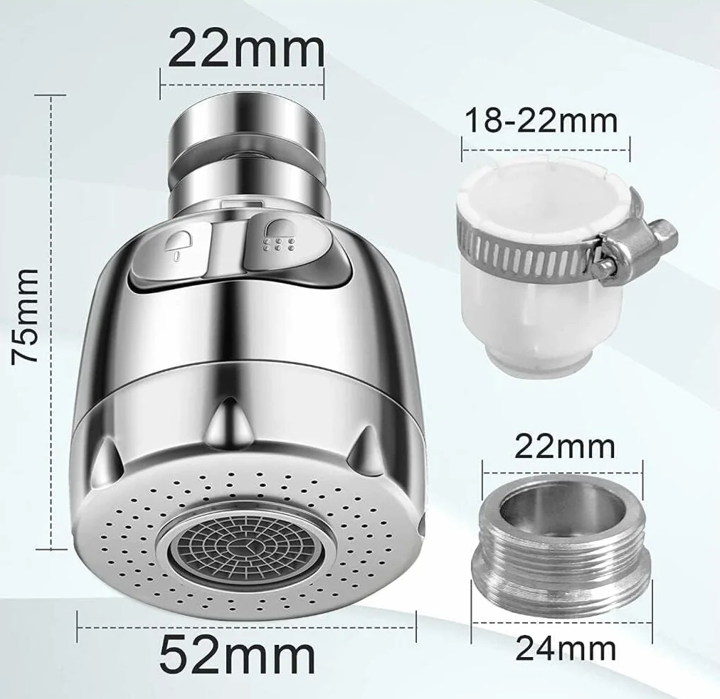 Vinabo Filtro Rubinetto kran kołyskowy, obrotowy 360°, napowietrzacz, oszczędzający wodę, regulator głowicy natryskowej, dysza głowicy natryskowej do kuchni, łazienki, 2 tryby, srebrny