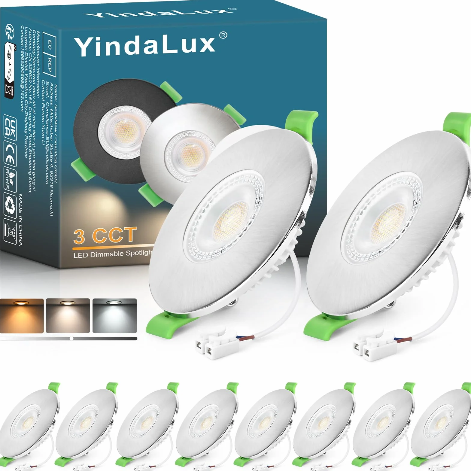 YindaLux Reflektor LED wpuszczany 7 W 700 lm IP65 reflektor łazienkowy, ciepła biel 2700K neutralna biel 4000 K zimna biel 6000 K regulowany, otwór Φ60-75 mm, AC220-240V, zestaw 10 sztuk, nikiel