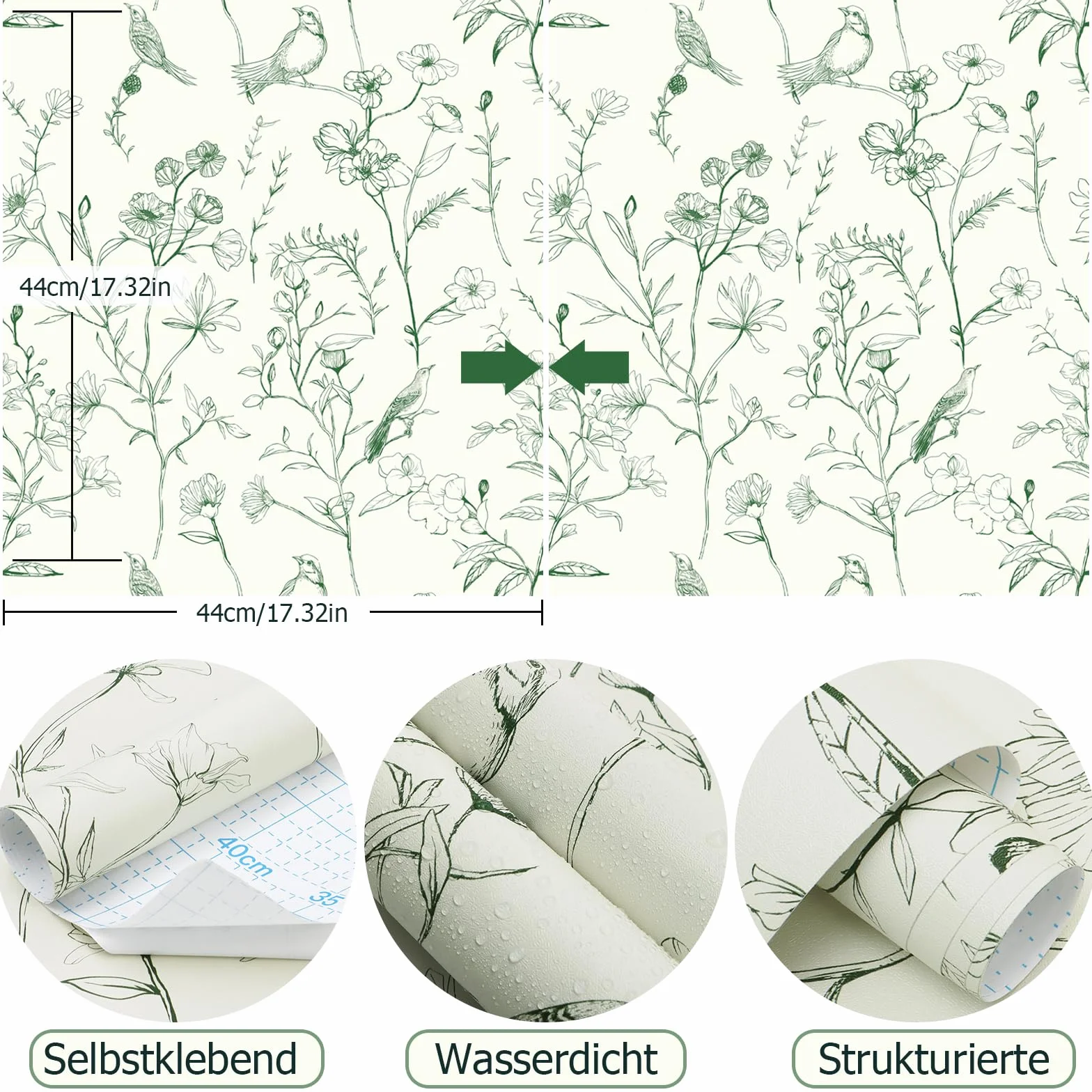 CiCiwind Samoprzylepna tapeta w kwiaty, 44 cm x 3 m, beżowa, zielona, tapeta samoprzylepna z motywem kwiatów i ptaków, wodoszczelna, winylowa, do mebli, okładziny ścienne, samoprzylepna, zdejmowana,