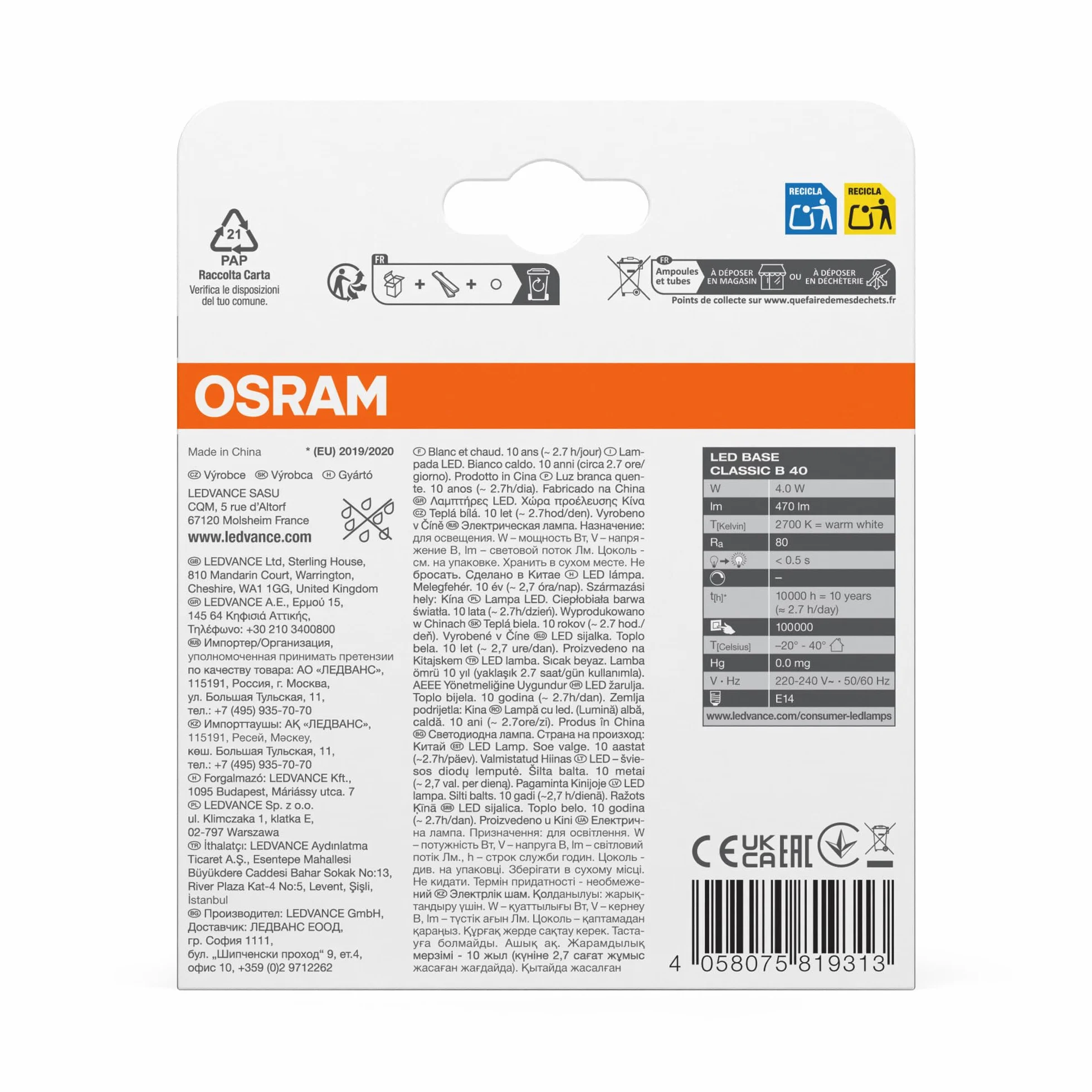 OSRAM Lampa LED | Trzonek: E14 | Ciepły biały | 2700 K | 4 W | przezroczysta | LED BASE CLASSIC B [Klasa efektywności energetycznej A++]