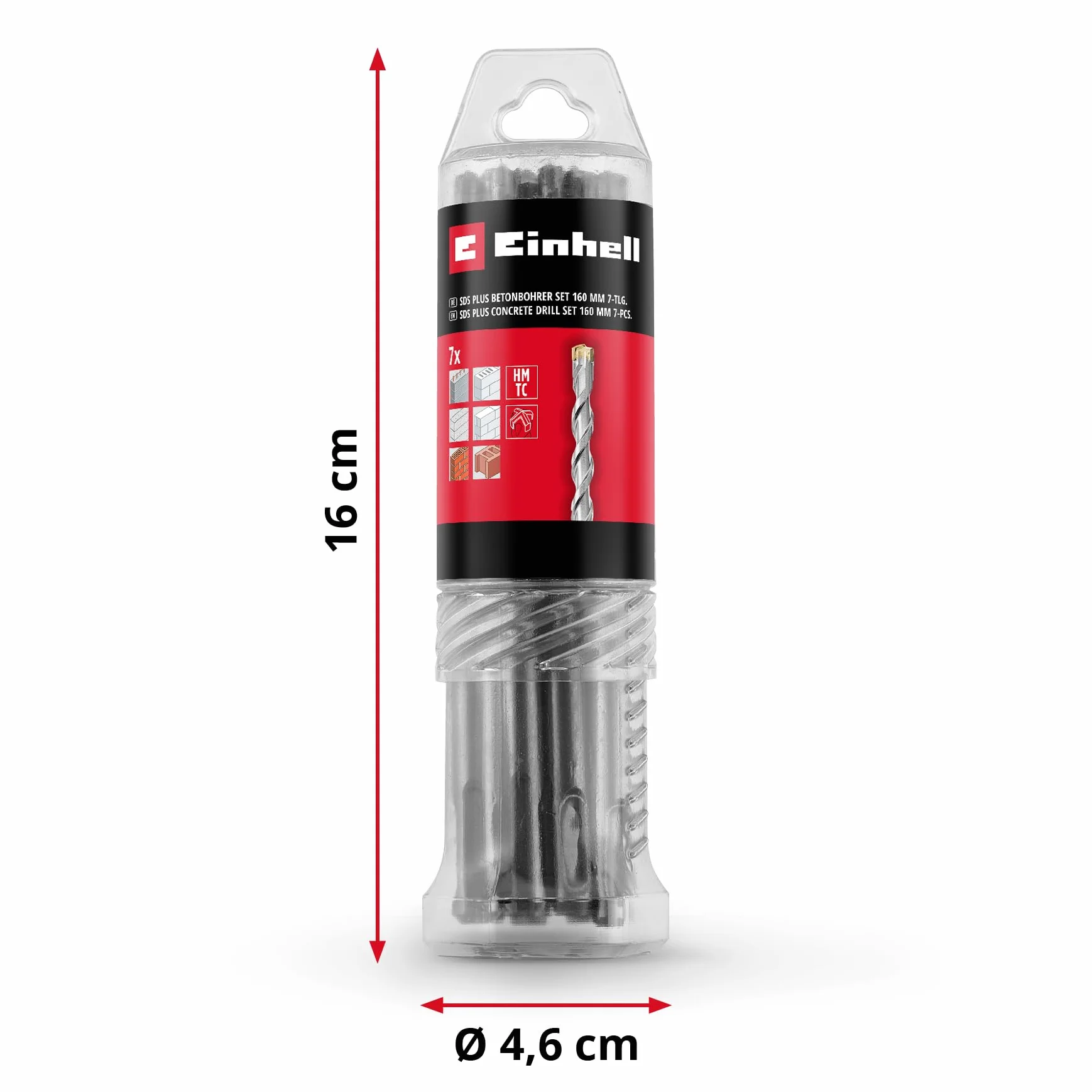 Oryginalny Einhell 7-częściowy zestaw wierteł udarowych SDS Plus, 160 mm (ze stali narzędziowej 40Cr z czterema ostrzami z twardego metalu, końcówka centrująca, do prac renowacyjnych lub związanych z