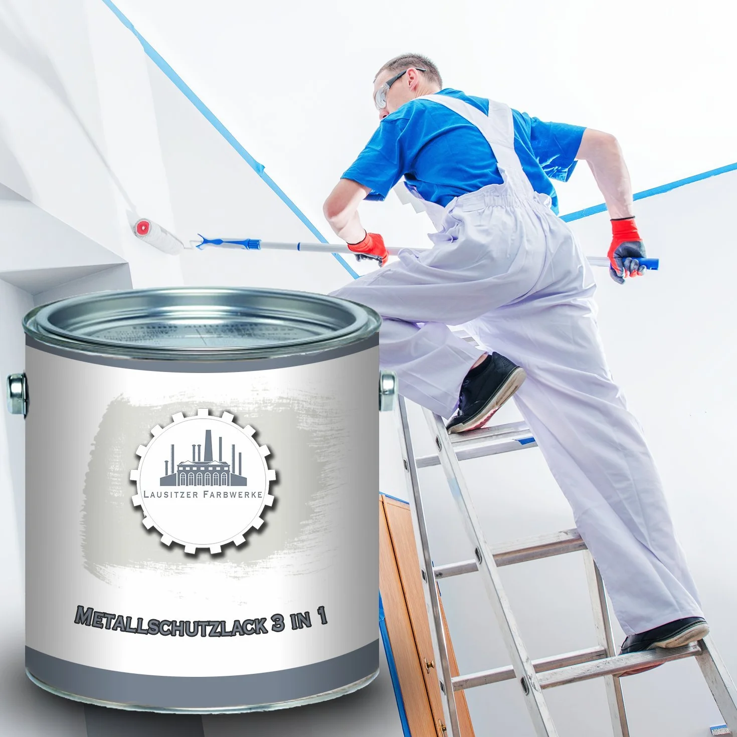 Lausitzer Farbwerke Farba ochronna do metalu 3 w 1, lakier ochronny do metalu 3 w 1, oszczędzasz sobie produktów antykorozyjnych, farba do metalu, stali, żelaza, cynku, aluminium (5 l, szaro-biały (RAL 9002))