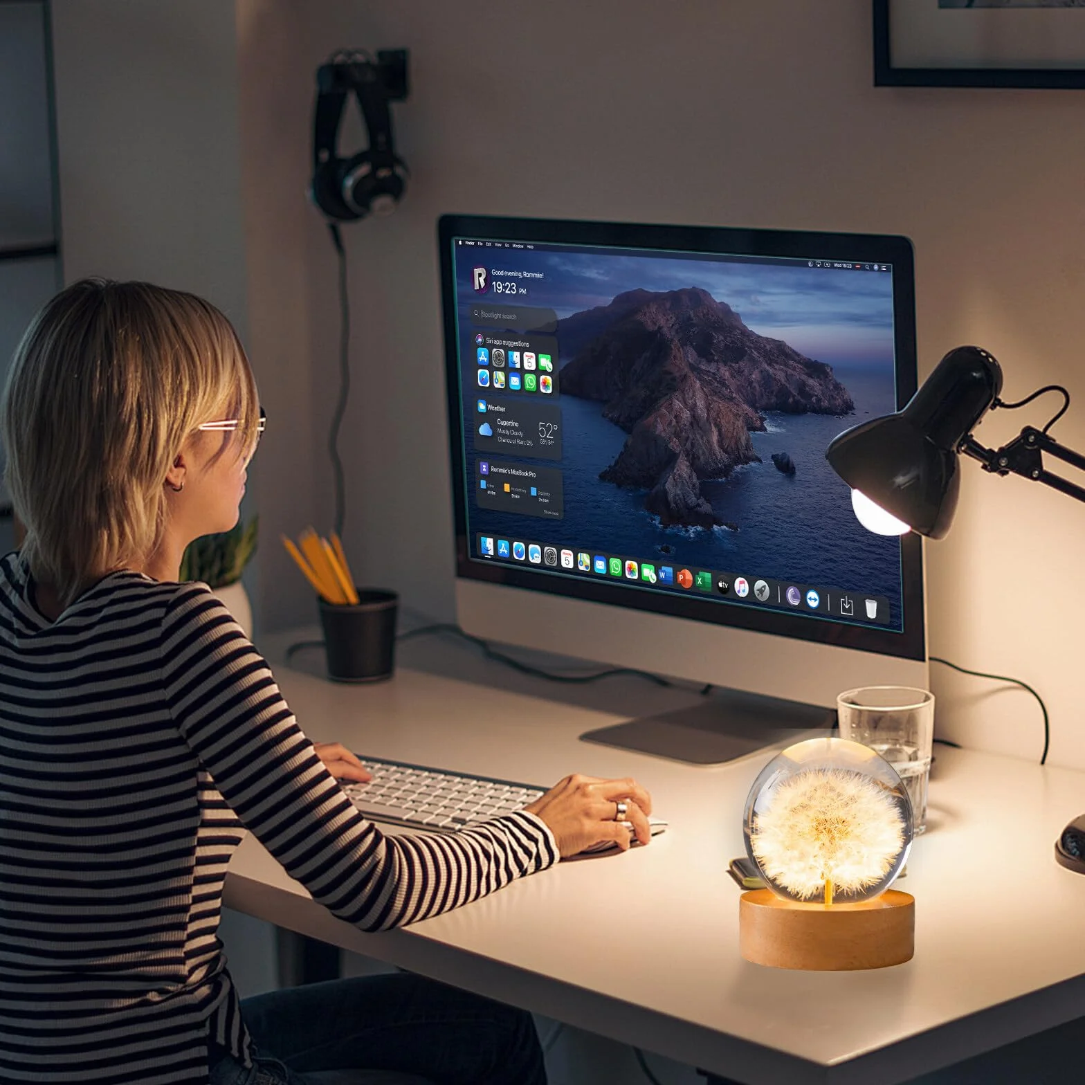 Kryształowa kula, lampka nocna, 6 cm, szklana lalka, lampka nocna, kwiatowa lampka nocna z drewnianą podstawą USB, idealny prezent