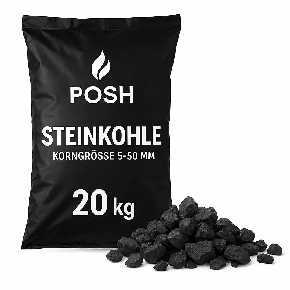 POSH Węgiel kamienny drobny 5-50 mm 20 kg wysokiej jakości paliwo do pieca, kotła grzewczego i instalacji na paliwo stałe, niska zawartość popiołu, wysoka wartość opałowa
