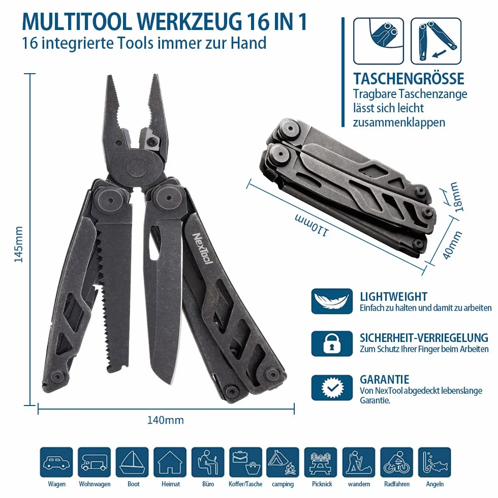 NexTool Flagship Pro narzędzie wielofunkcyjne 16 w 1, składane szczypce ze stali nierdzewnej, nóż kieszonkowy z otwieraczem do butelek/puszek, nożyczkami, nożem i piłą, na kemping, do naprawy, jako