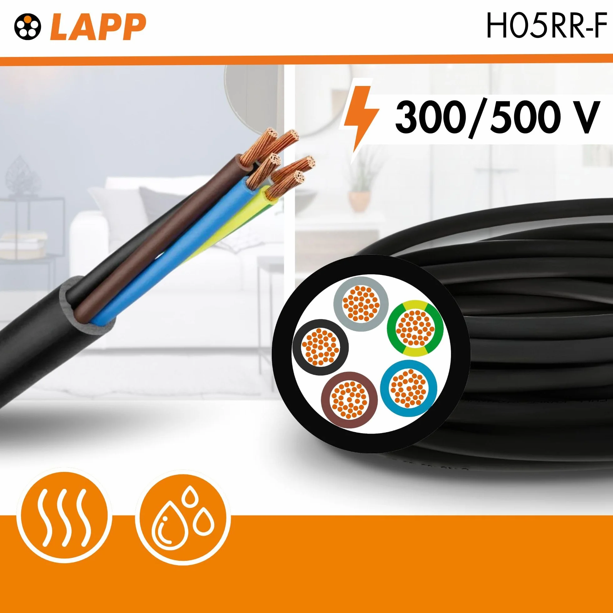 10 metrów Lapp 16002123 H05RR-F 4 x 2,5 mm², elastyczny przewód gumowy z przewodem ochronnym, cienki gumowy kabel do wnętrz, do urządzeń domowych i ręcznych, wytrzymały, przewód przyłączeniowy 4G2,5