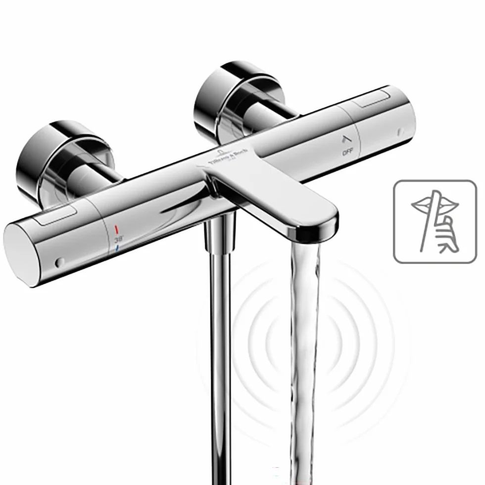 Villeroy & Boch Uniwersalny termostat prysznicowy Taps & Fittings, armatura prysznicowa z ochroną przed oparzeniem i blokadą bezpieczeństwa przy 38°, bateria mieszakowa prysznicowa natynkowa, okrągła,