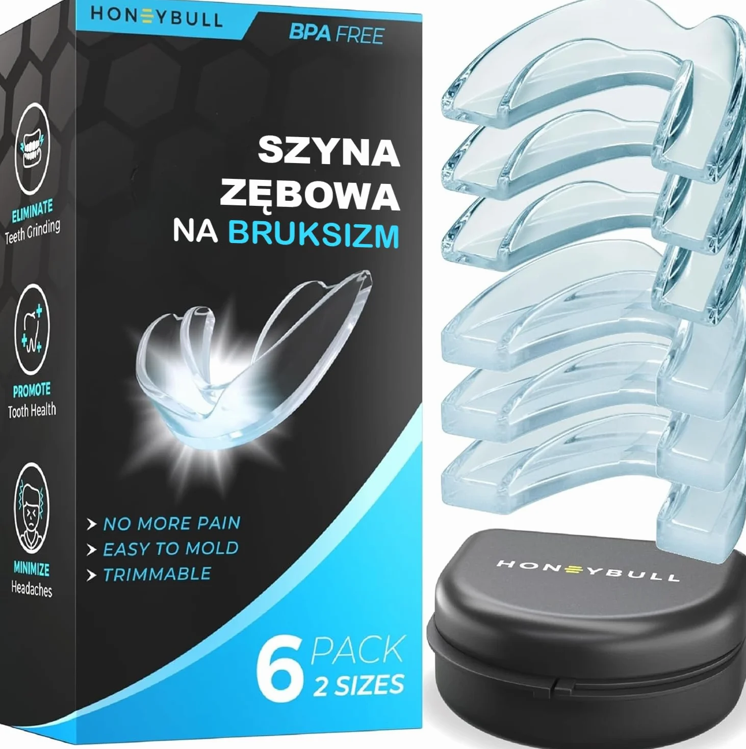 HONEYBULL Maski do szlifowania na bruksizm, taca wybielająca, osłona, mieszanka, 6 sztuk