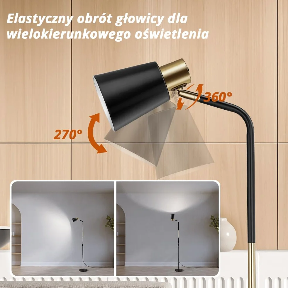OUSFOT Lampa do czytania i salonu, wysokość 146 cm, 230 V, E27, maks. 40 W, retro, czarna
