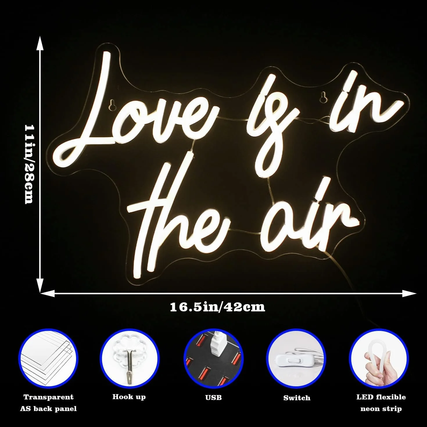 Looklight Neonowy znak "Love is in The Air", ciepła biel, LED, do dekoracji ścian, zasilany przez USB, litera, neonowa lampa, do sypialni, domu, baru, zaręczyn, na ślub, urodziny, przyjęcie, prezent