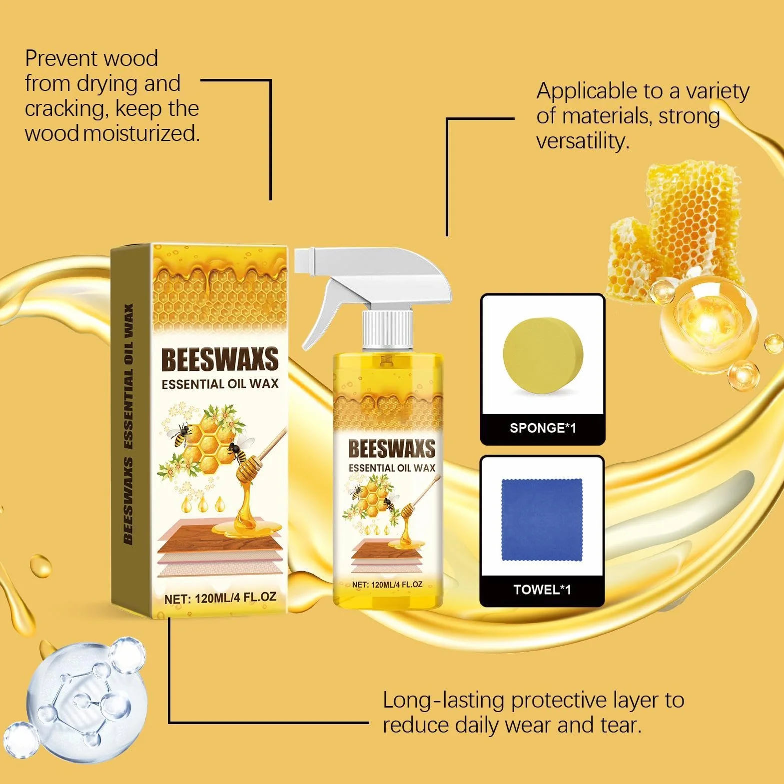 Wood Cleaner and Restorer - Hardwood Spray, Antique Furniture Revivor, Deep Cleaning Beeswax Formula, Removes Scratches and Restores Natural Grain, Maintenance Solution for Living Room Cabinets