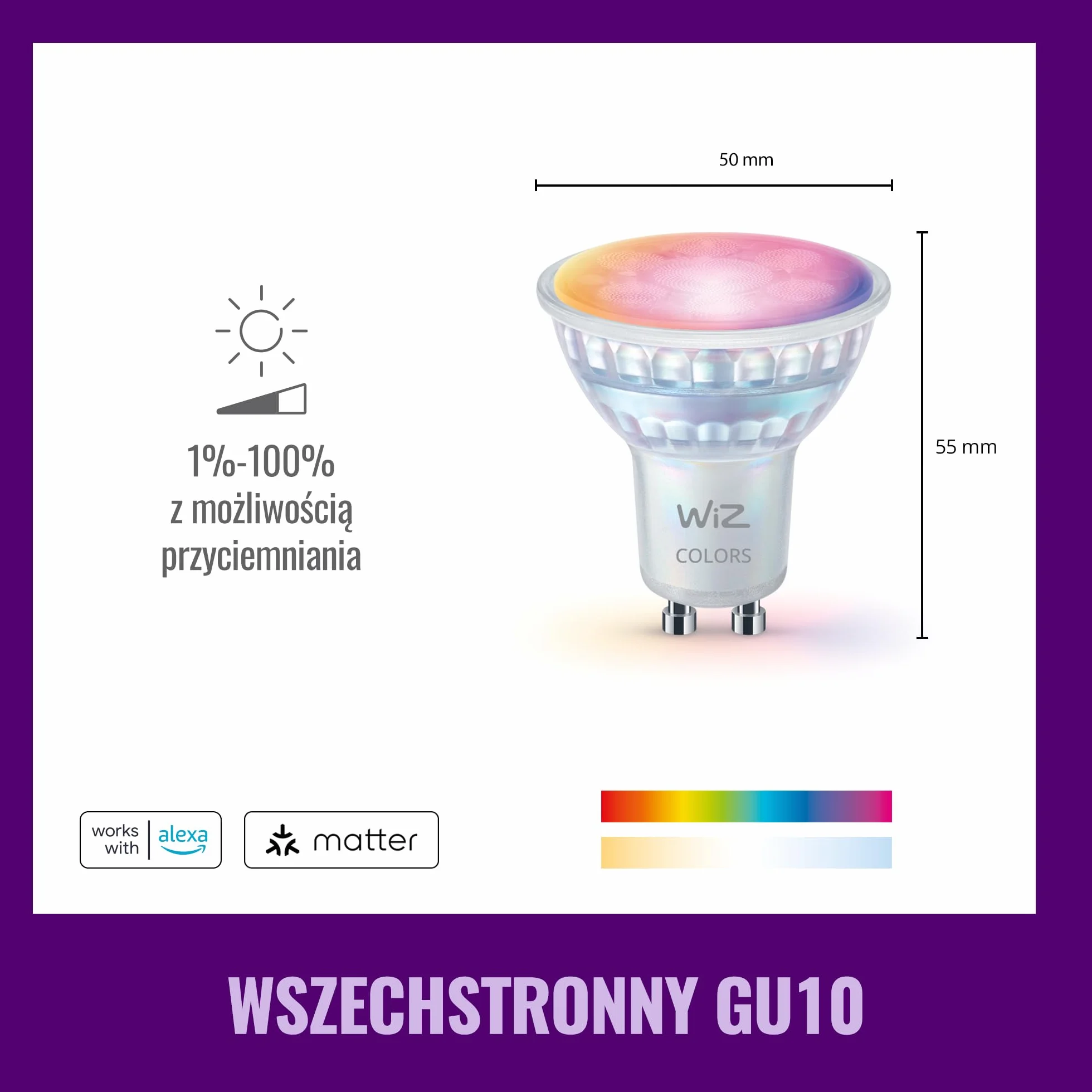 Szklany reflektor punkt WiZ Smart LED GU10, kolor i regul odcień białego światła, odpowiednik 50 W, 2200K–6500K, 345 lumenów, przyciemn, działa z Alexą, Google Assistant i Apple Home, op. 2 szt.