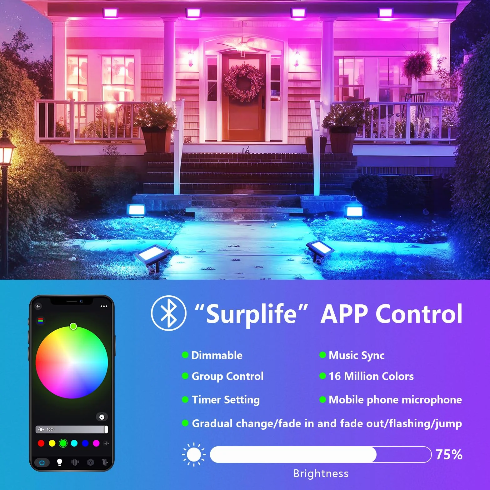 RIGIDON 1 x 200 W RGB Zewnętrzny projektor LED Pilot zdalnego sterowania, 20000 LM Zewnętrzny i wewnętrzny kolor RGBW Światło projektora, timer neonowy LED do Jadin, taras, patio, wodoodporny IP66