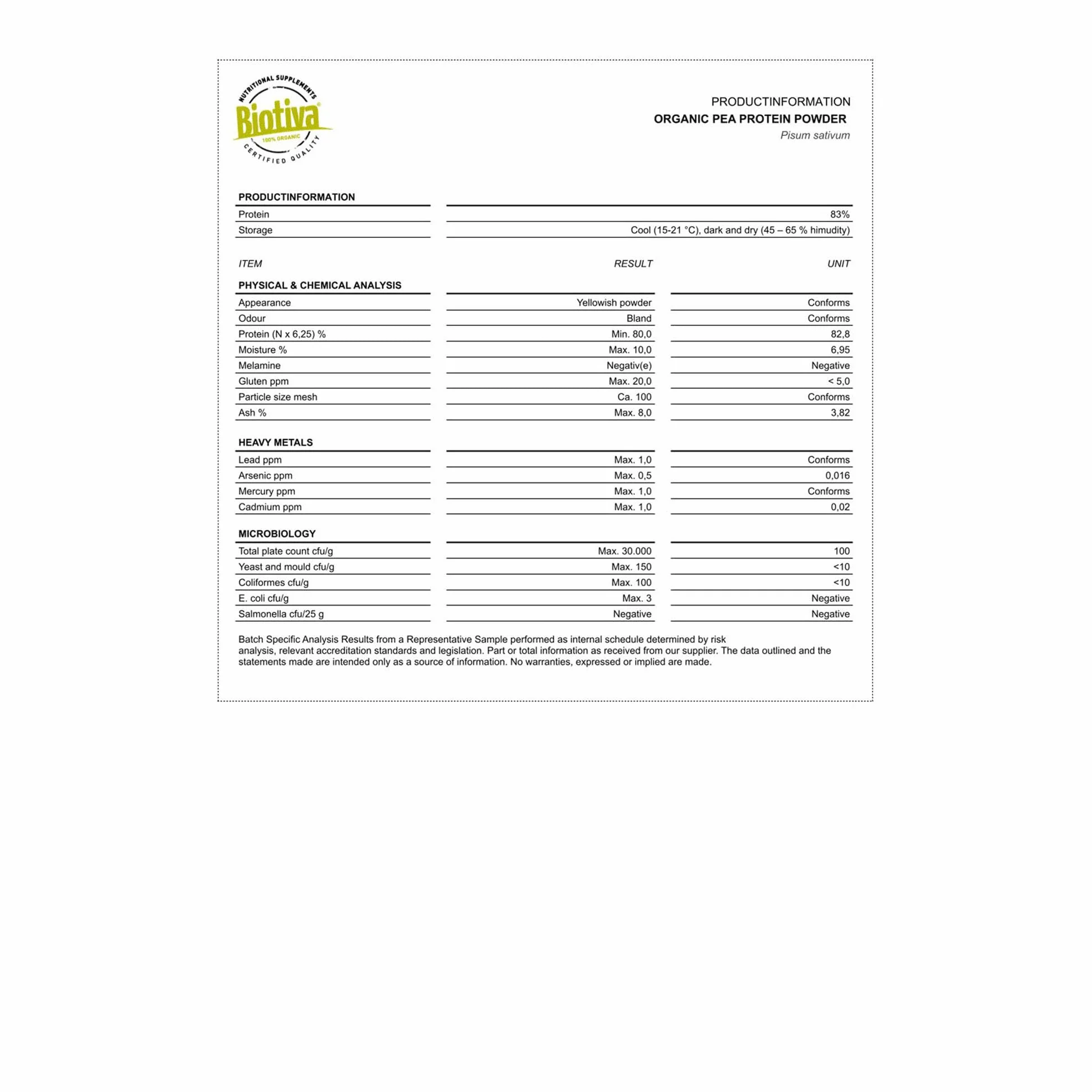 Biotiva Proszek z białka grochu Bio 1kg 83% białka izolat bezglutenowy bez soi bez laktozy