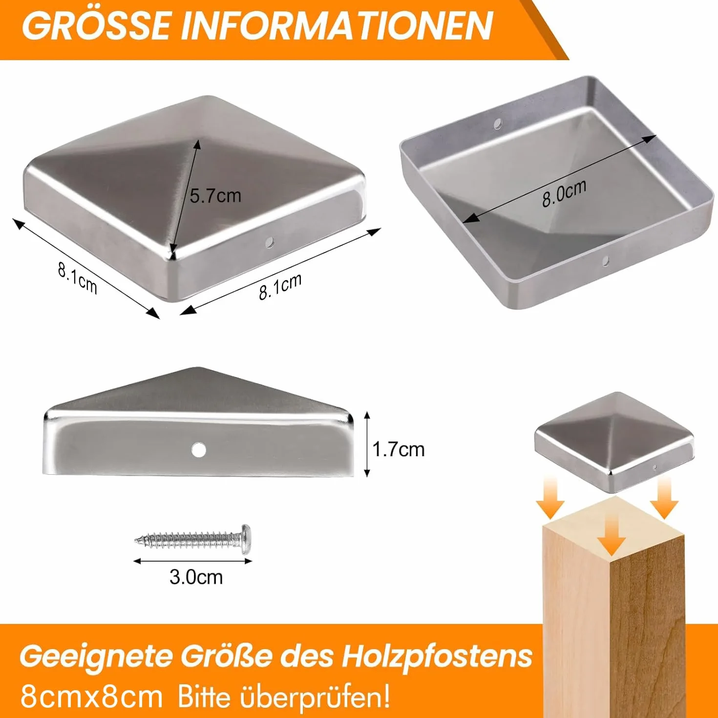 Nakrętki na słupki 8 x 8 cm, 10 sztuk, metalowe osłony słupków ogrodzeniowych, piramidy, osłony słupków drewnianych, ze śrubami