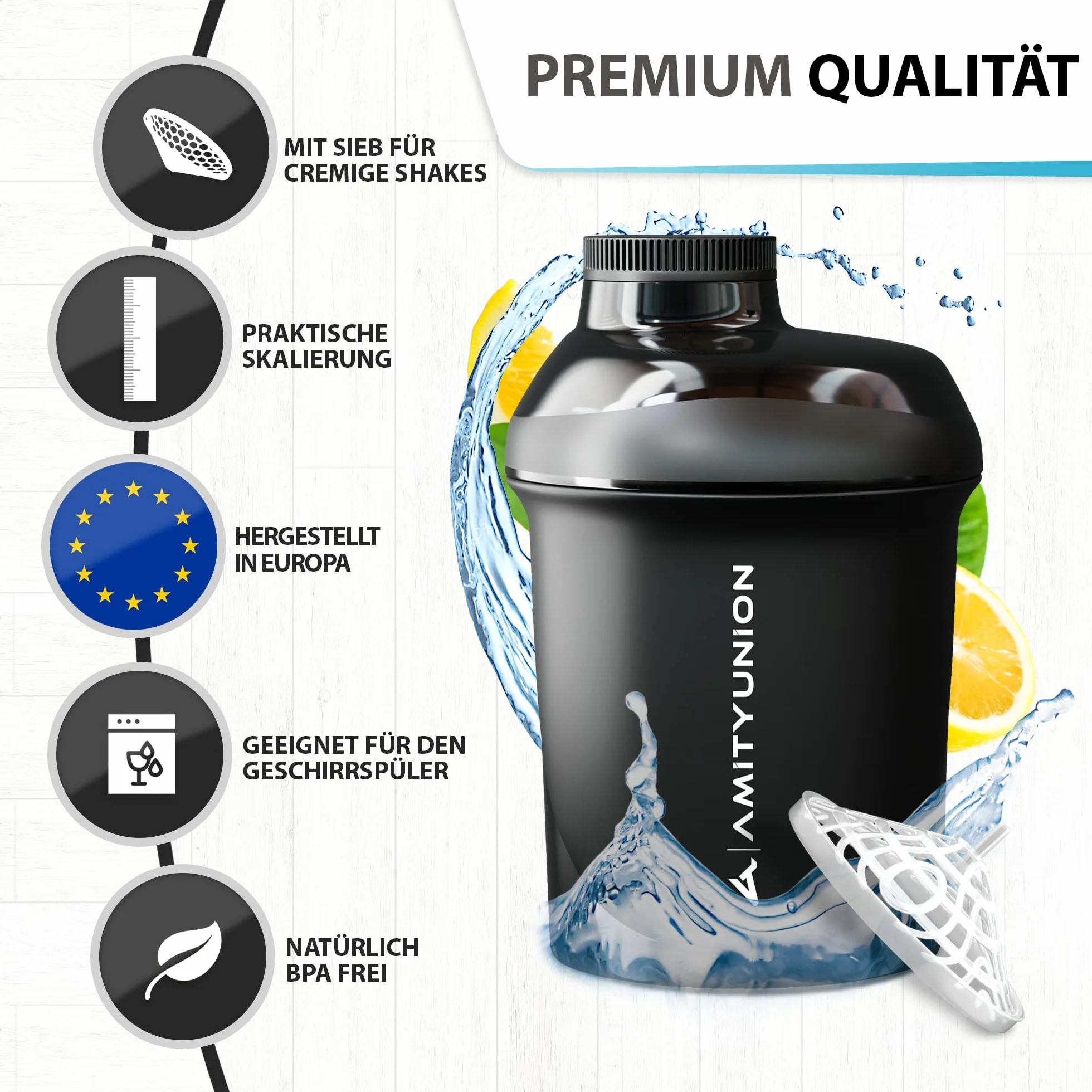 AMITYUNION Shaker do białek, 400 ml, z sitkiem, mały shaker proteinowy, zabezpieczony przed wyciekiem, bez BPA, ze skalą do kremowych koktajli proteinowych w proszku Whey
