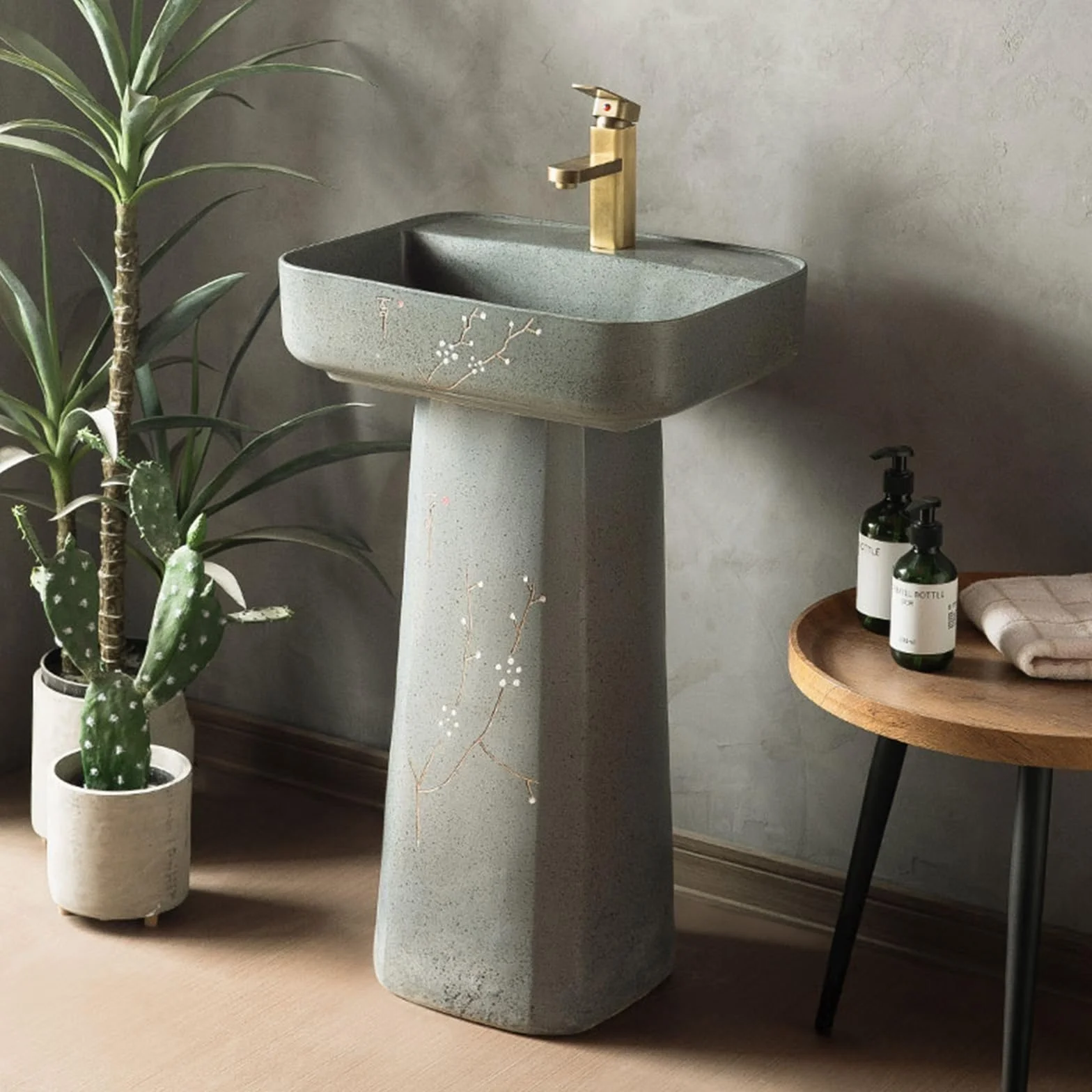 Umywalka łazienkowa na cokole, umywalka łazienkowa z cokołem chińskim w stylu vintage, umywalka łazienkowa z ceramiczną podstawą, dwuczęściowy zlew podłogowy (B)