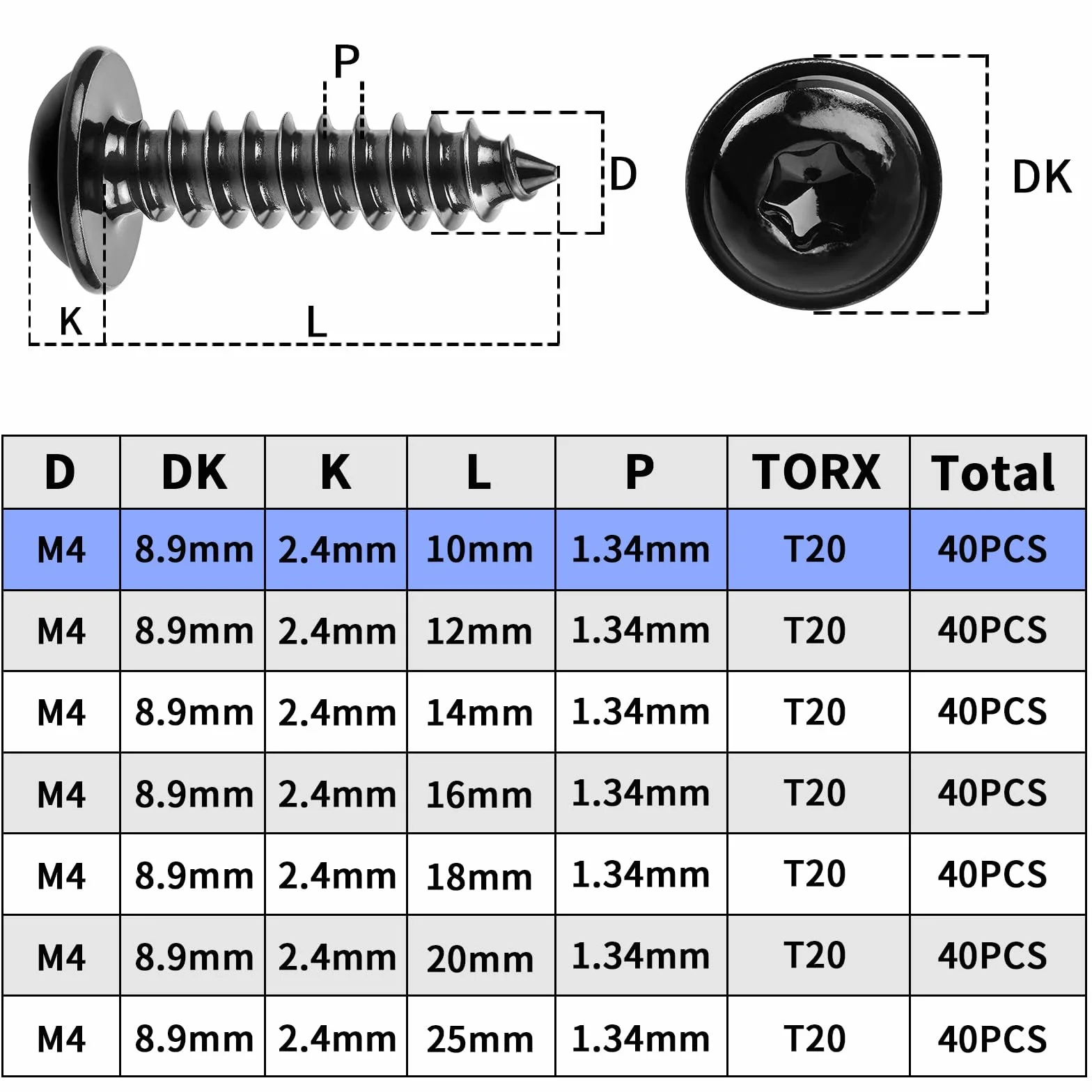 40 sztuk wkrętów do drewna, czarne, M4 x 10 mm, śruby do paneli akustycznych, Torx, śruby ze stali nierdzewnej, czarne, płaskie końcówki, wkręty samogwintujące z tarczą, do śrub z łbem