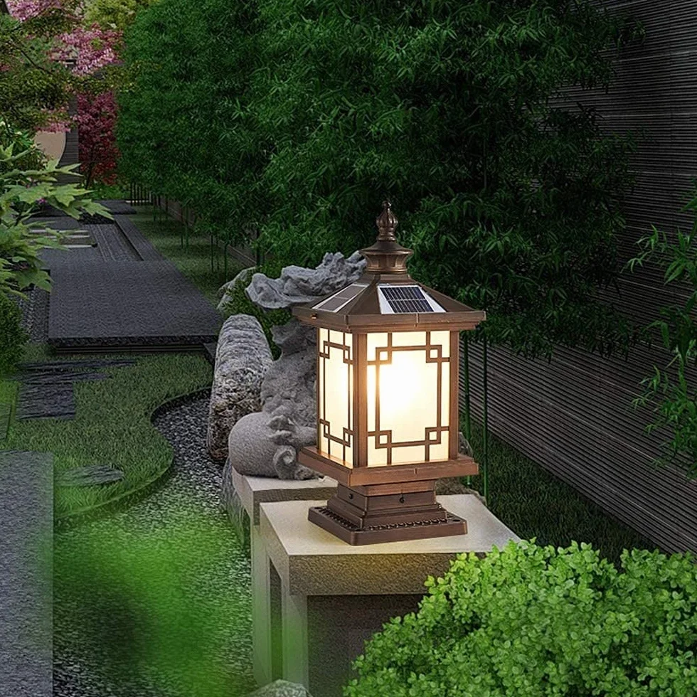Lampa zewnętrzna słupek świetlny, zewnętrzne światła ogrodowe solarne lampy słupkowe rustykalne brązowe kwadratowe kolumny światło aluminium szkło IP65 bezpieczeństwo krajobraz ulica,