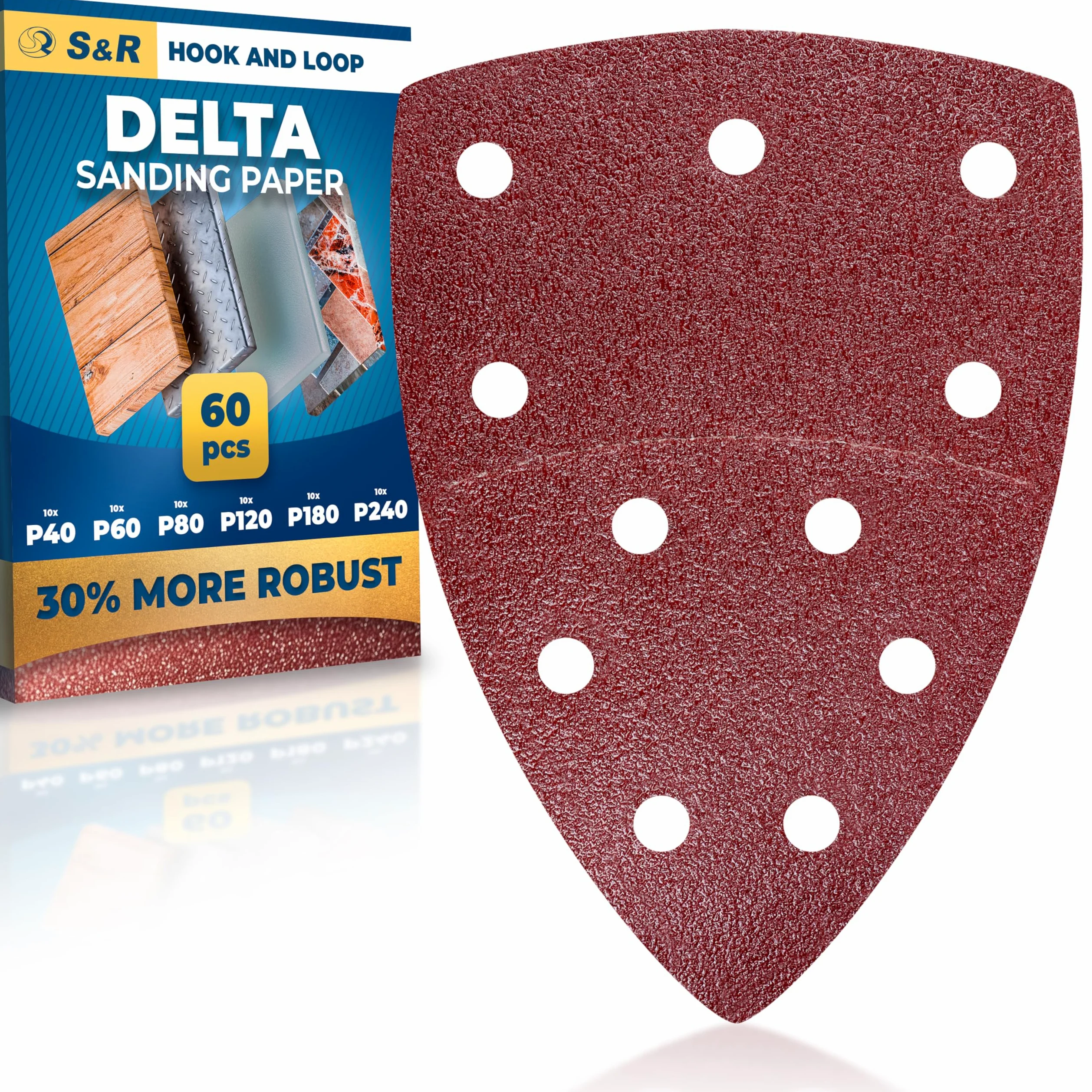 S&R Zestaw papierów ściernych na rzepy 105 mm x 152 mm (93 x 93 x 93 mm), 60 szt. profesjonalnej jakości trójkątów szlifierskich, 11 otworów: 10*P40, 10*P60, 10*P80, 10*P120, 10*P180, 10*P240