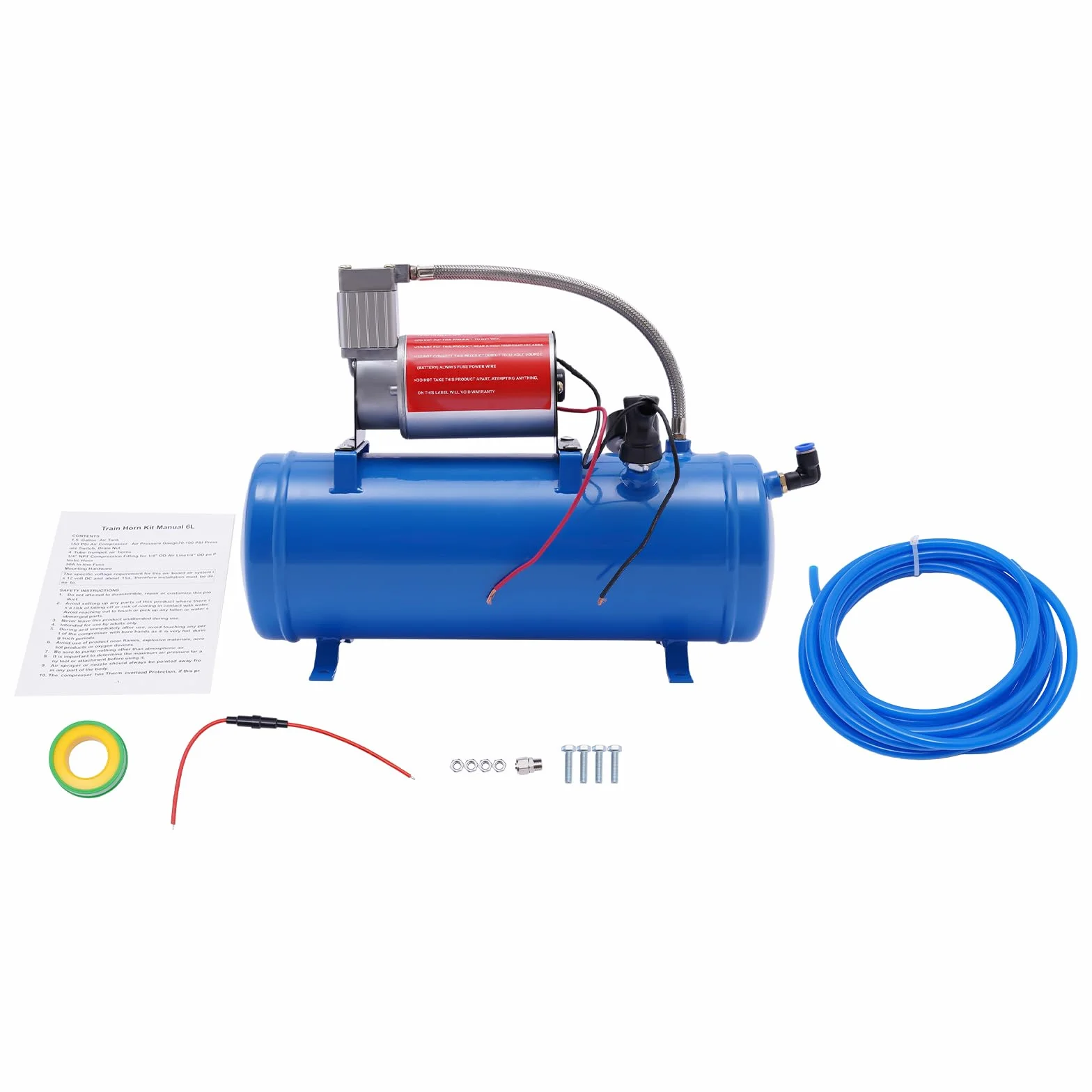 Sprężarka powietrza 12 V 150 PSI 6 l, kompresor powietrza, zbiornik z wężem 3,8 m, sprężarka powietrza do klaksonów, opon samochodowych, silników samochodowych