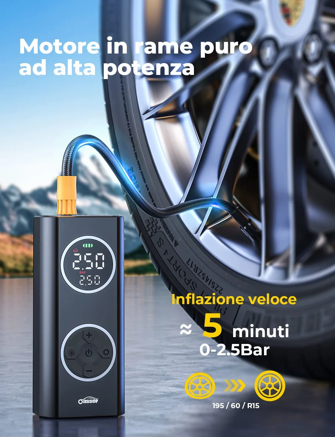 Oasser Przenośny Kompresor Powietrza 6000mAh 150PSI - Elektryczna Pompa do Opon z Dwukolorowym Wyświetlaczem LCD, Automatycznym Wyłączaniem i 4 Końcówkami - Do Samochodów, Motocykli, Rowerów i Piłek