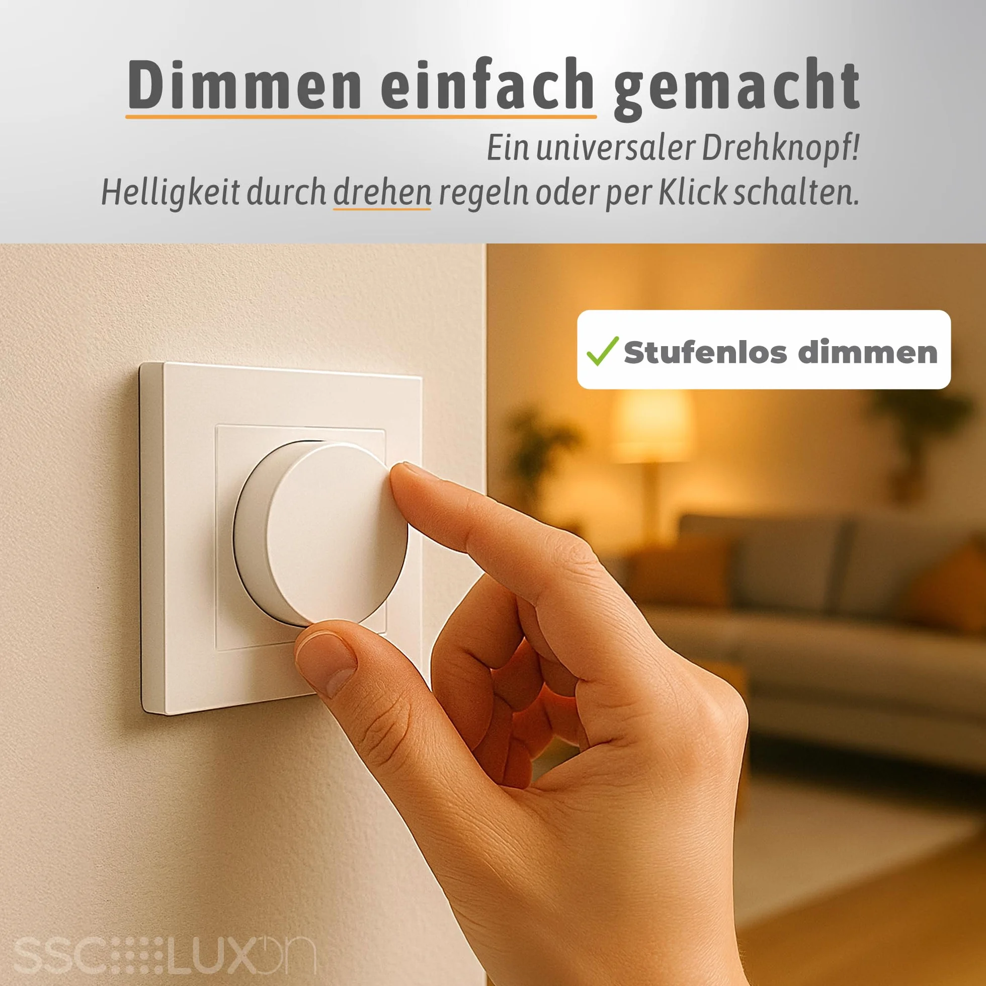 SSC-LUXon Lunoriis uniwersalny ściemniacz obrotowy, podtynkowy, 5-250 W, LED, halogenowy, sekcja fazy, ściemniacz 230 V, do puszki podtynkowej, 60 mm, osłona, biały