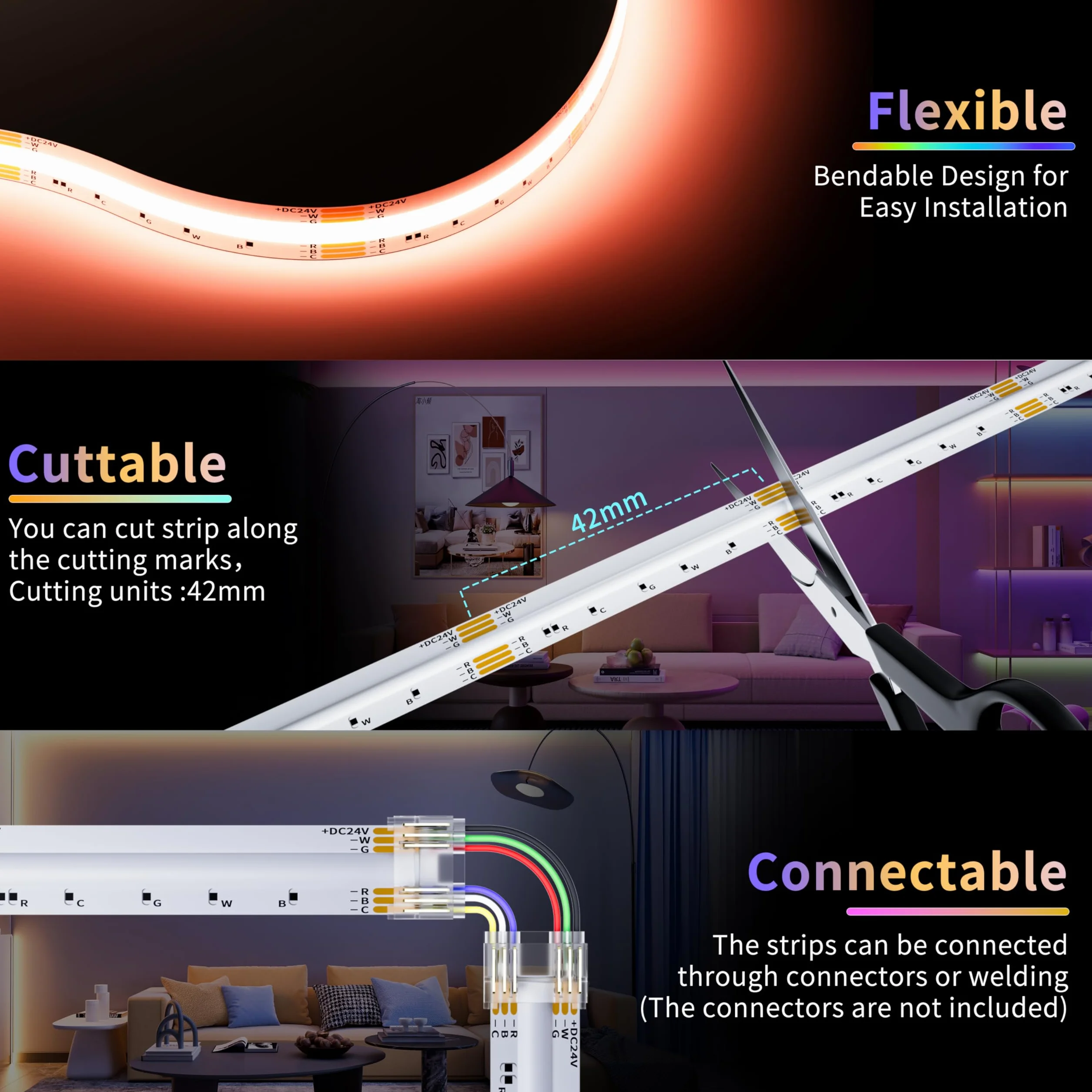 PAUTIX Taśma LED COB RGB+WW/CW 5m, 840 LED/m RGB+CCT Regulowana temperatura barwy 2700K–6500K, 24V taśma świetlna zmieniająca kolor do dekoracji DIY (zasilacz i kontroler nie są częścią dostawy)