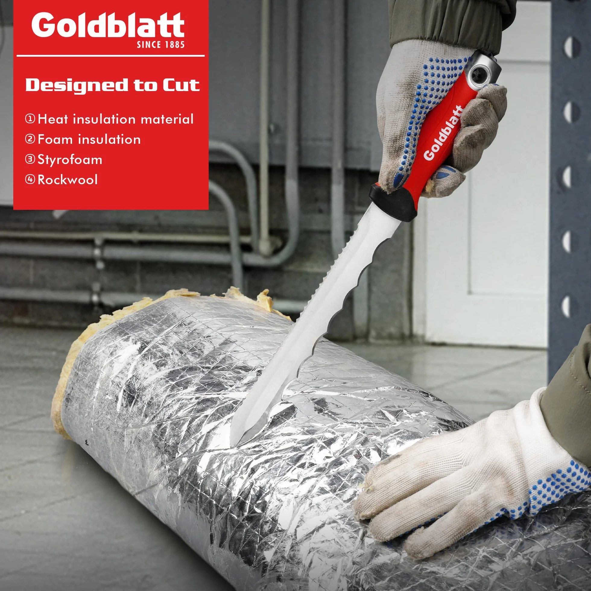Goldblatt Nóż do Izolacji, Ostrze ze Stali Nierdzewnej 20 cm, Obustronny Nóż do Cięcia Materiałów Izolacyjnych, Takich Jak Wełna Mineralna, Szklana i Kamienna