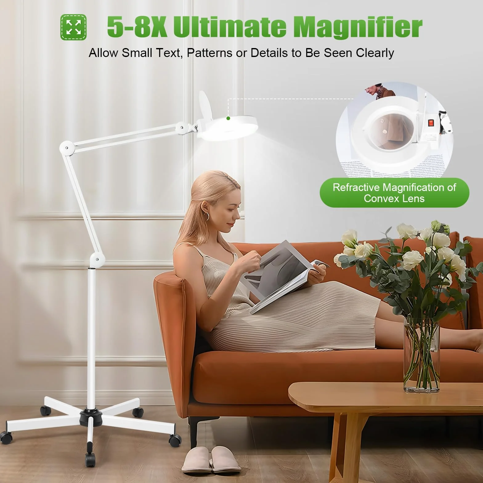 8 x lupa ze światłem i stojakiem, lupa powiększająca, lupa stojąca z 360°-120 diodami LED i ramieniem światła 360°, lupa do czytania na podłodze, z piątym kółkiem do pracy, czytania, szycia